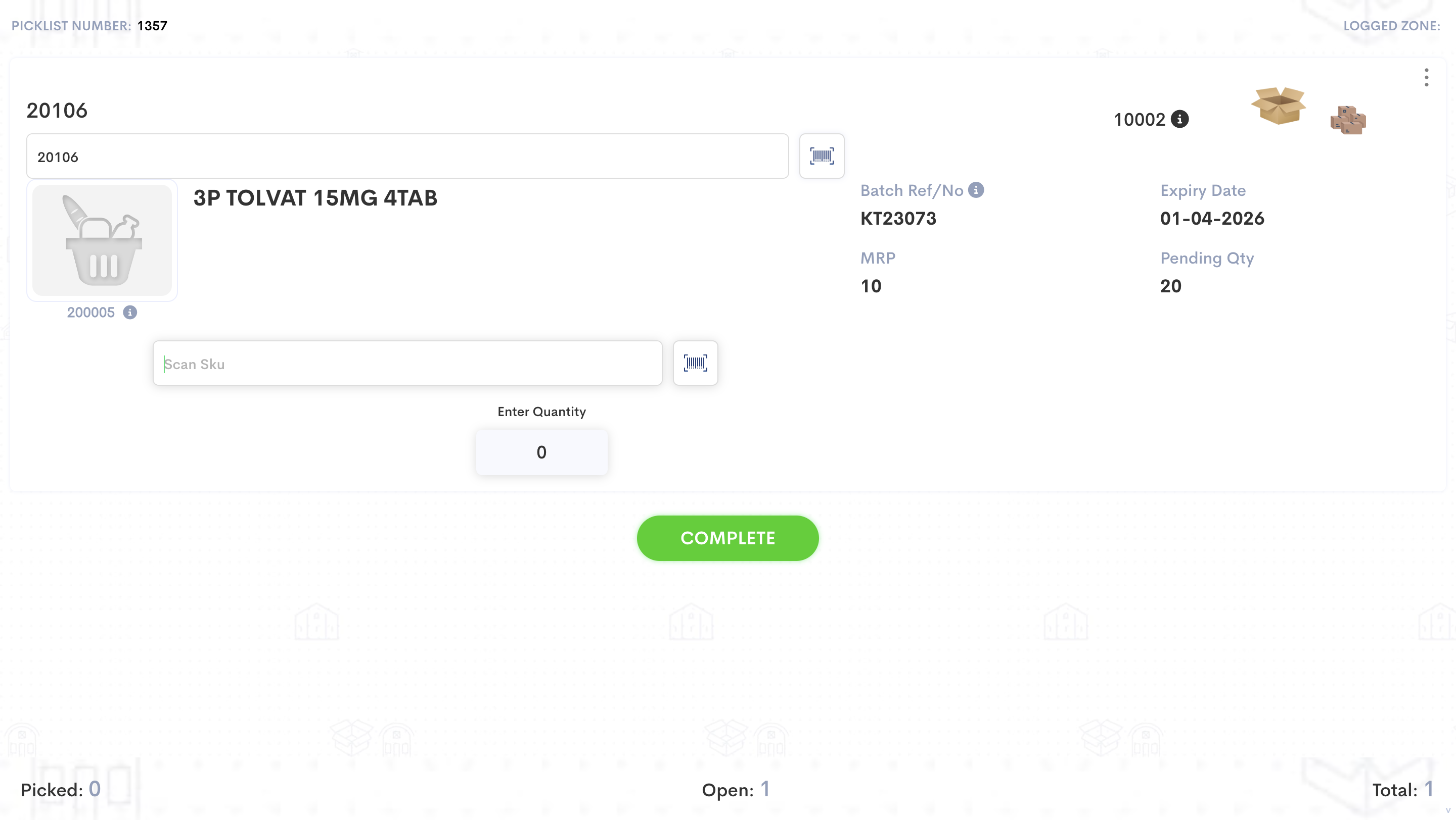 Step #4: Then SKUs will be scanned until the quantity is fulfilled. It is 20 here. It is a configuration that either they have to scan each and every item or just increase the quantity on screen. 