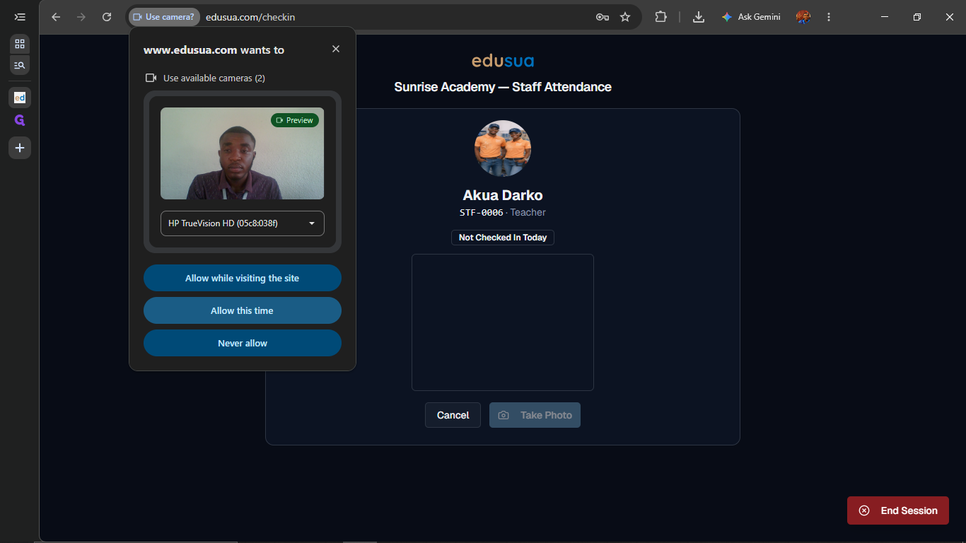 Step #11: Click Allow this time to permit camera access in the browser prompt.