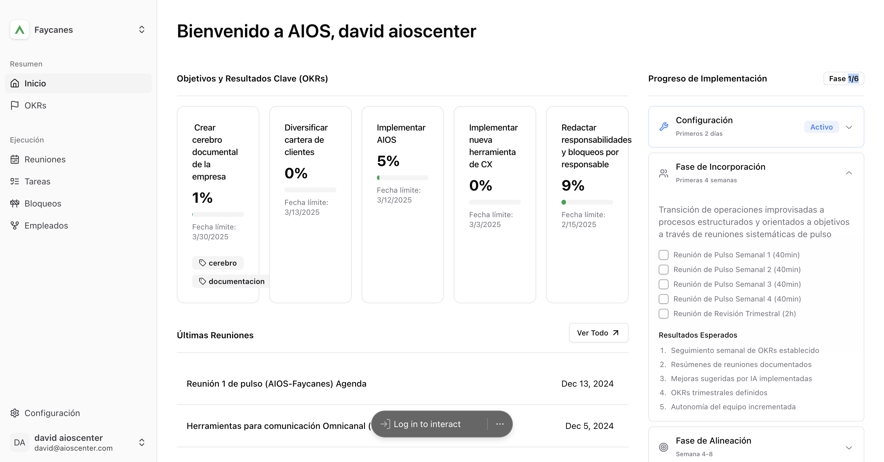Step #6: Por otro lado, aquí vemos la sección de las últimas reuniones, donde se muestra el resumen de las reuniones que hemos tenido en la compañía. Ahora, entremos a la parte de objetivos y resultados clave, que aparece en el menú de la izquierda. Aquí podemos establecer paso a paso cuáles son los objetivos y resultados clave.