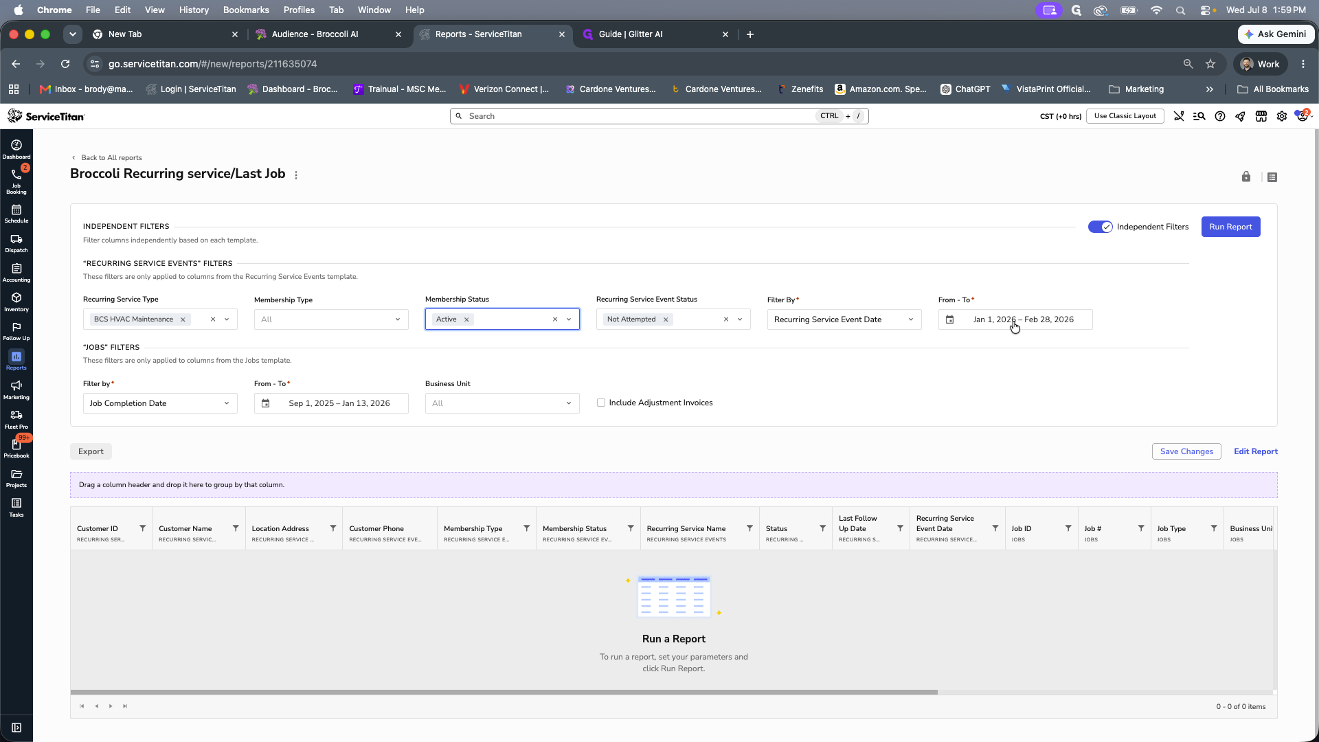 Step #8: Click the date range selector under the Recurring Service Events filter.