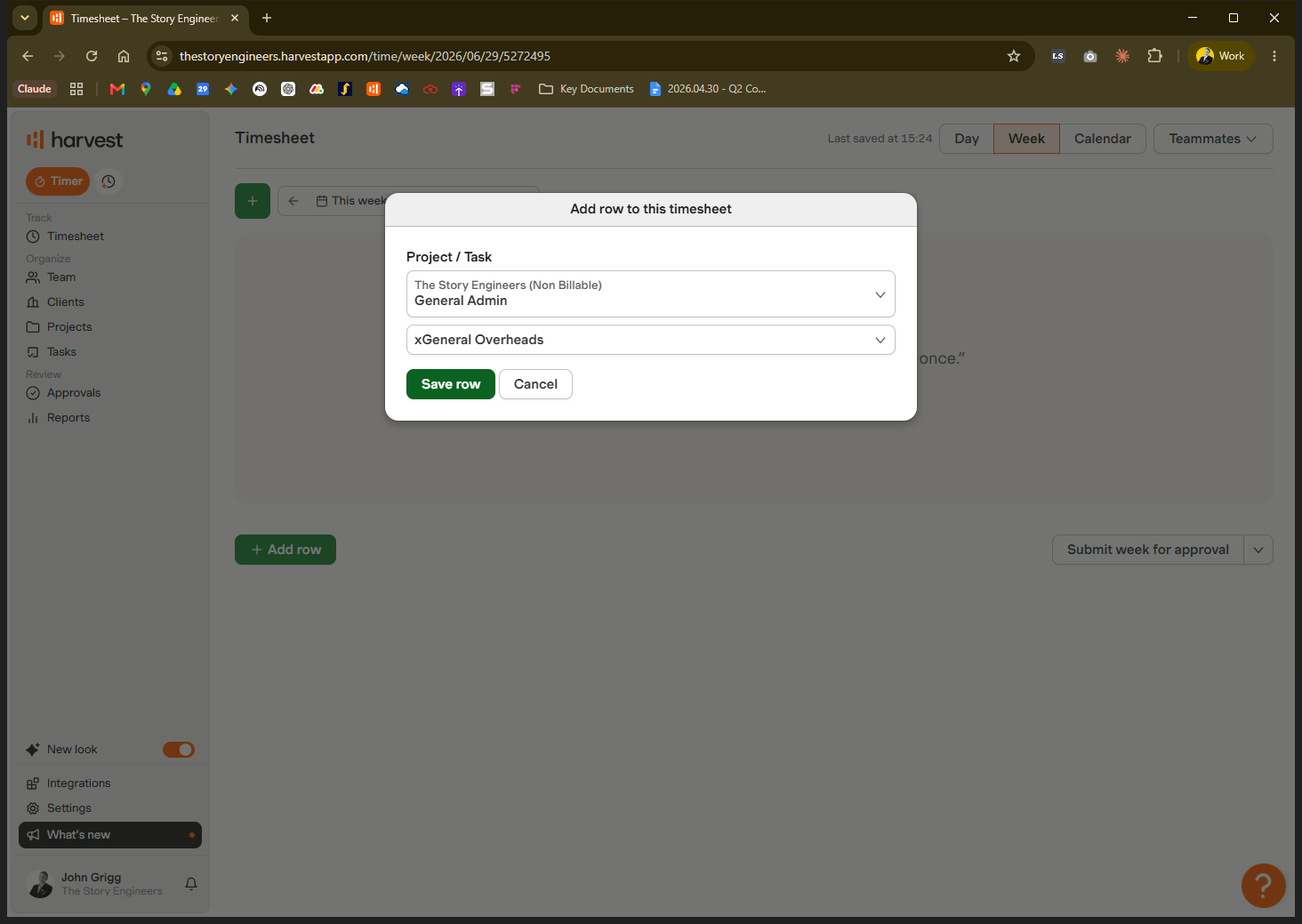 Step #4: Click Save row to add the entry to your weekly timesheet.