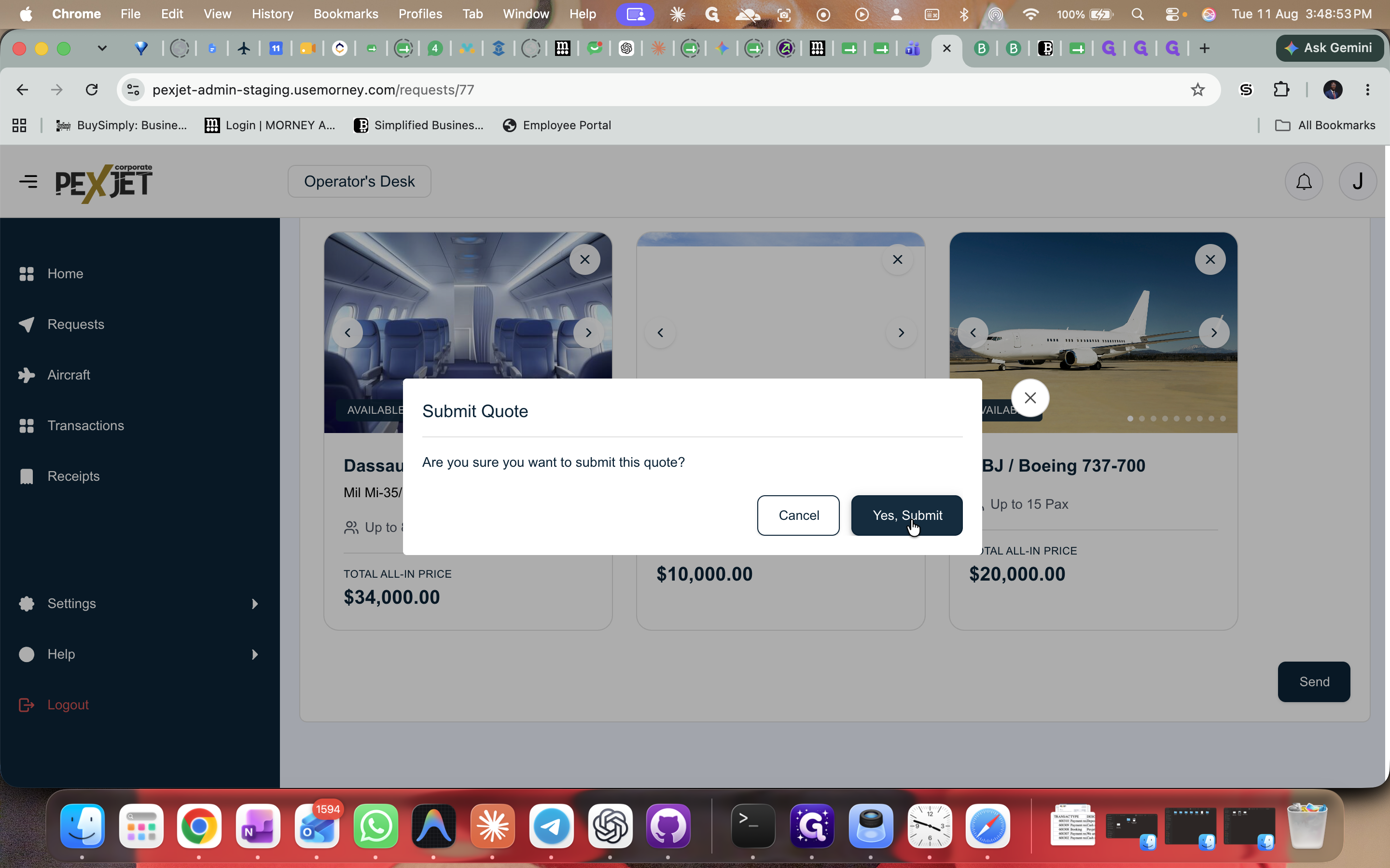 Step #13: Click Yes, Submit on the confirmation modal to send the available aircraft options directly to the customer.