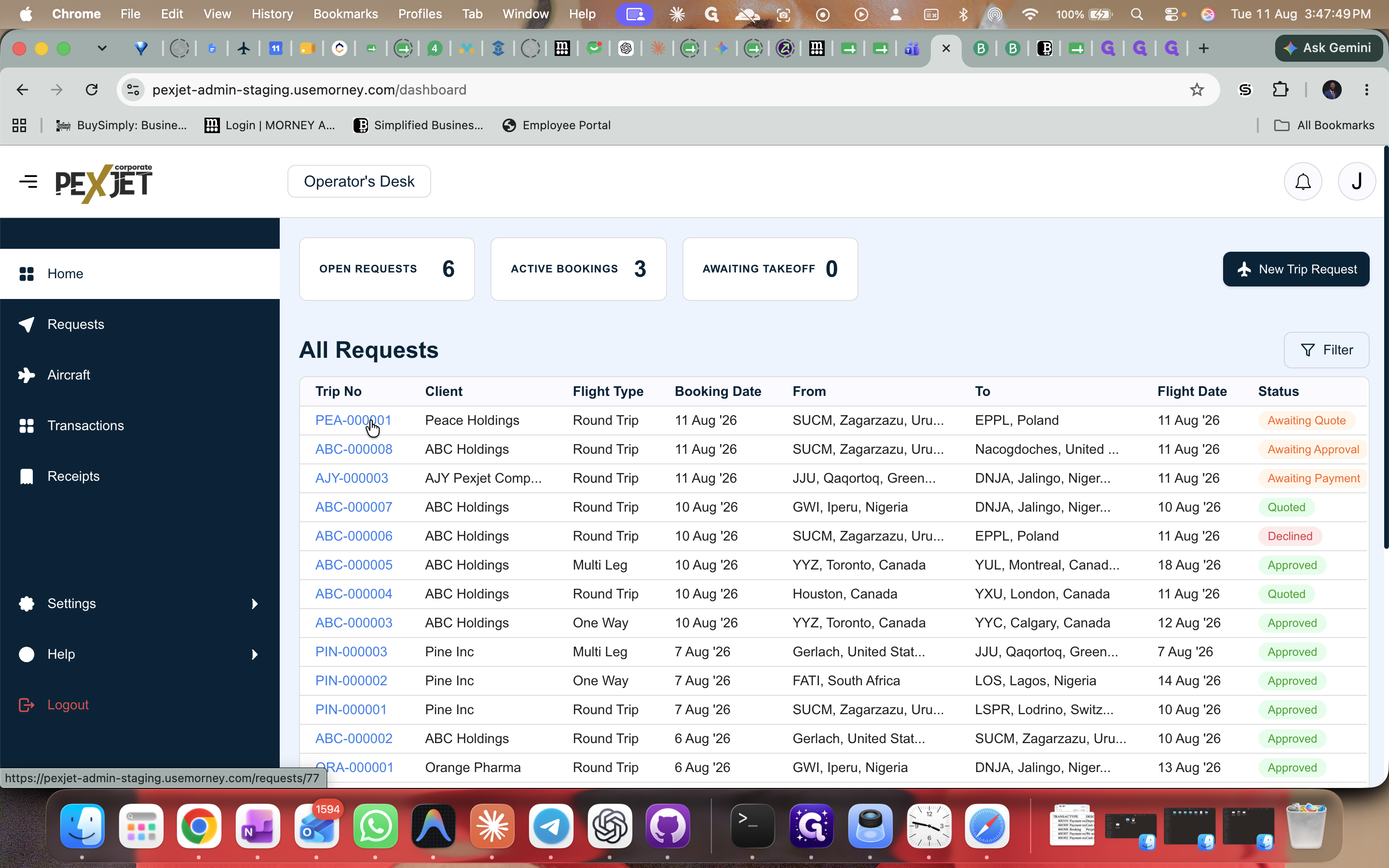 Step #1: Click the flight request in the All Requests table (e.g., PEA-000201) to view the trip details and passenger count.