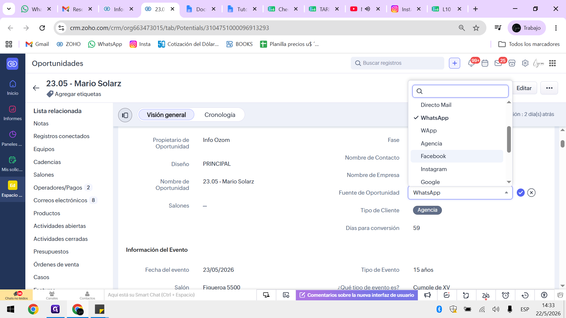 Step #3: Despliega el menú de Fuente de oportunidad y selecciona el canal por donde llegó el cliente (WhatsApp, formulario, etc.).