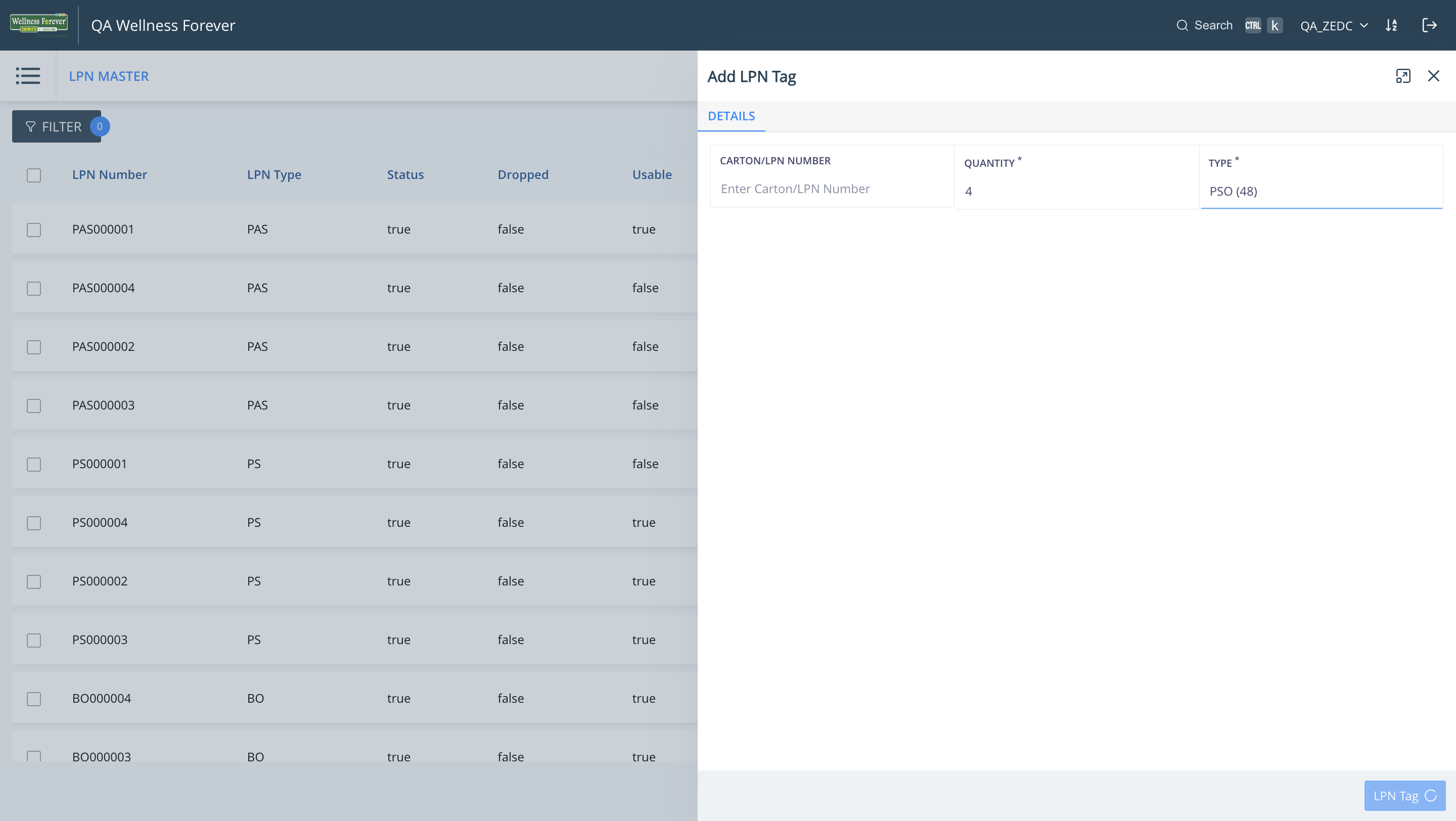 Step #7: The number of LPNs to be generated can be chosen, and LPN numbers will be created sequentially.