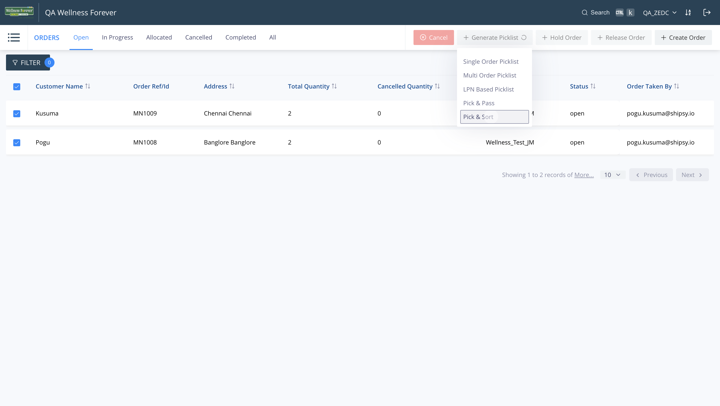 Step #1: Select the two orders to be packed and click on "Pick & Sort" 