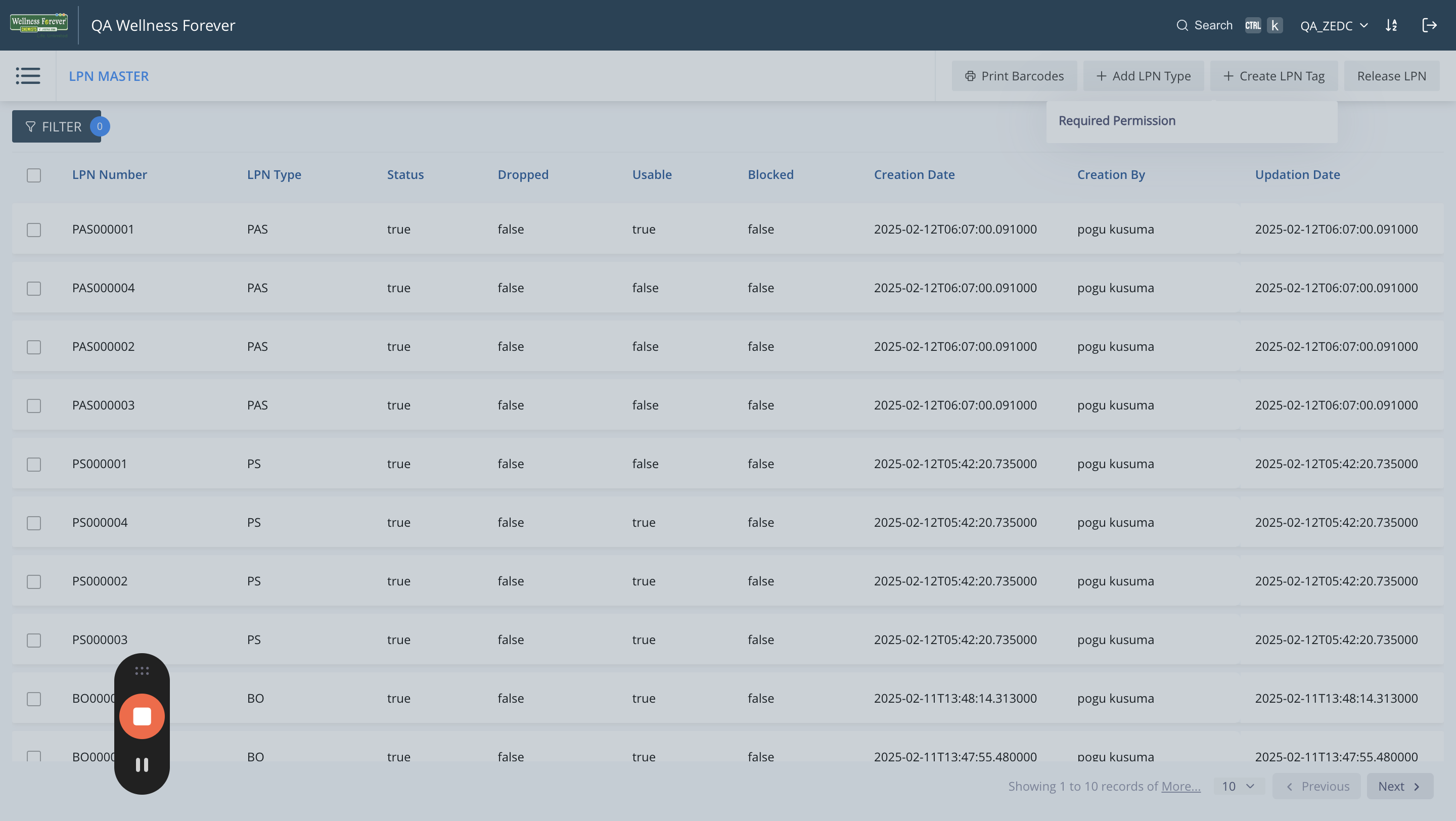 Step #6: Now that we defined new LPN type, click on "+ Create LPN Tag" to create new LPN numbers/labels.