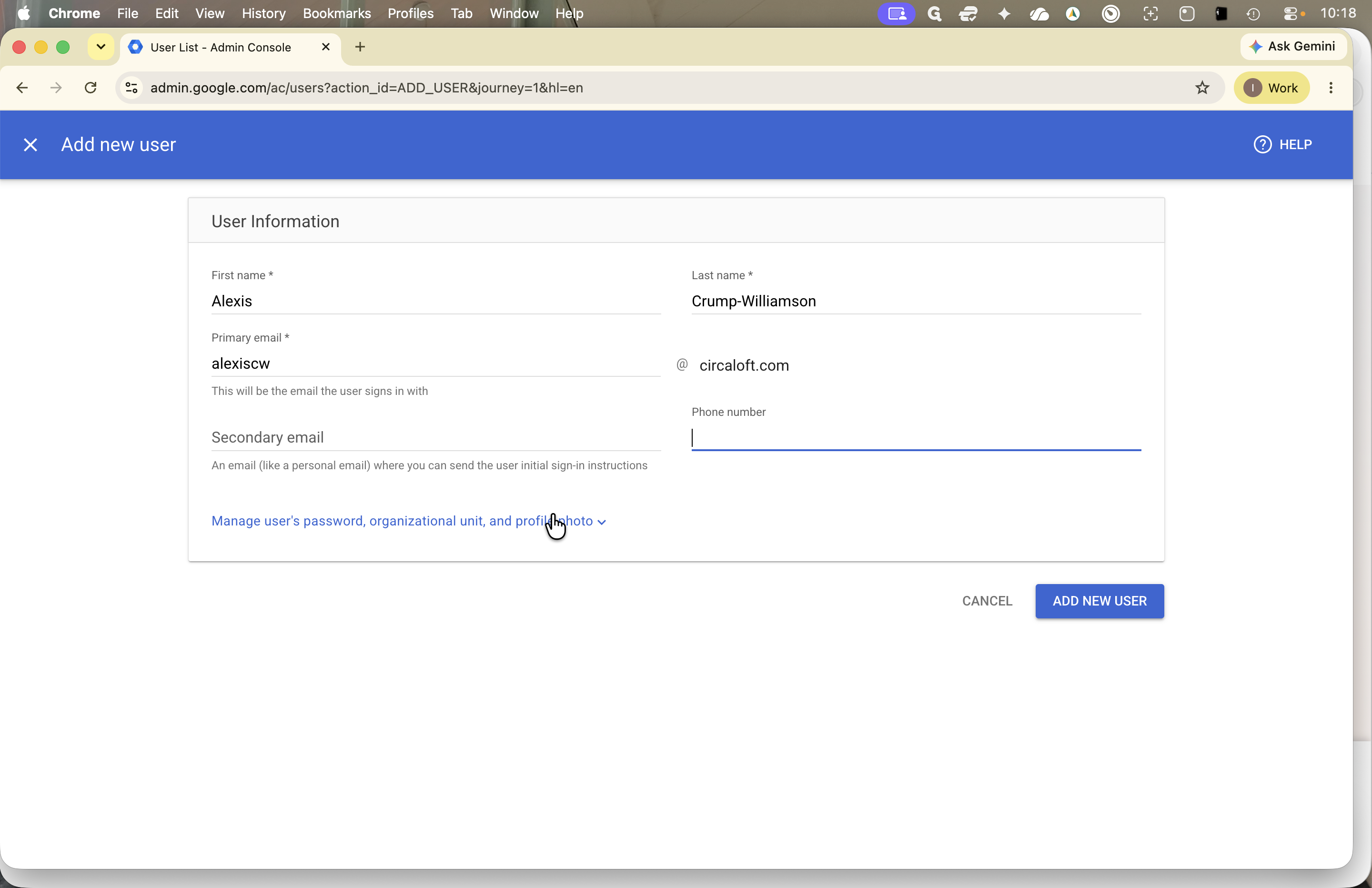 Step #4: Click Manage user's password, organizational unit, and profile photo to expand additional settings.