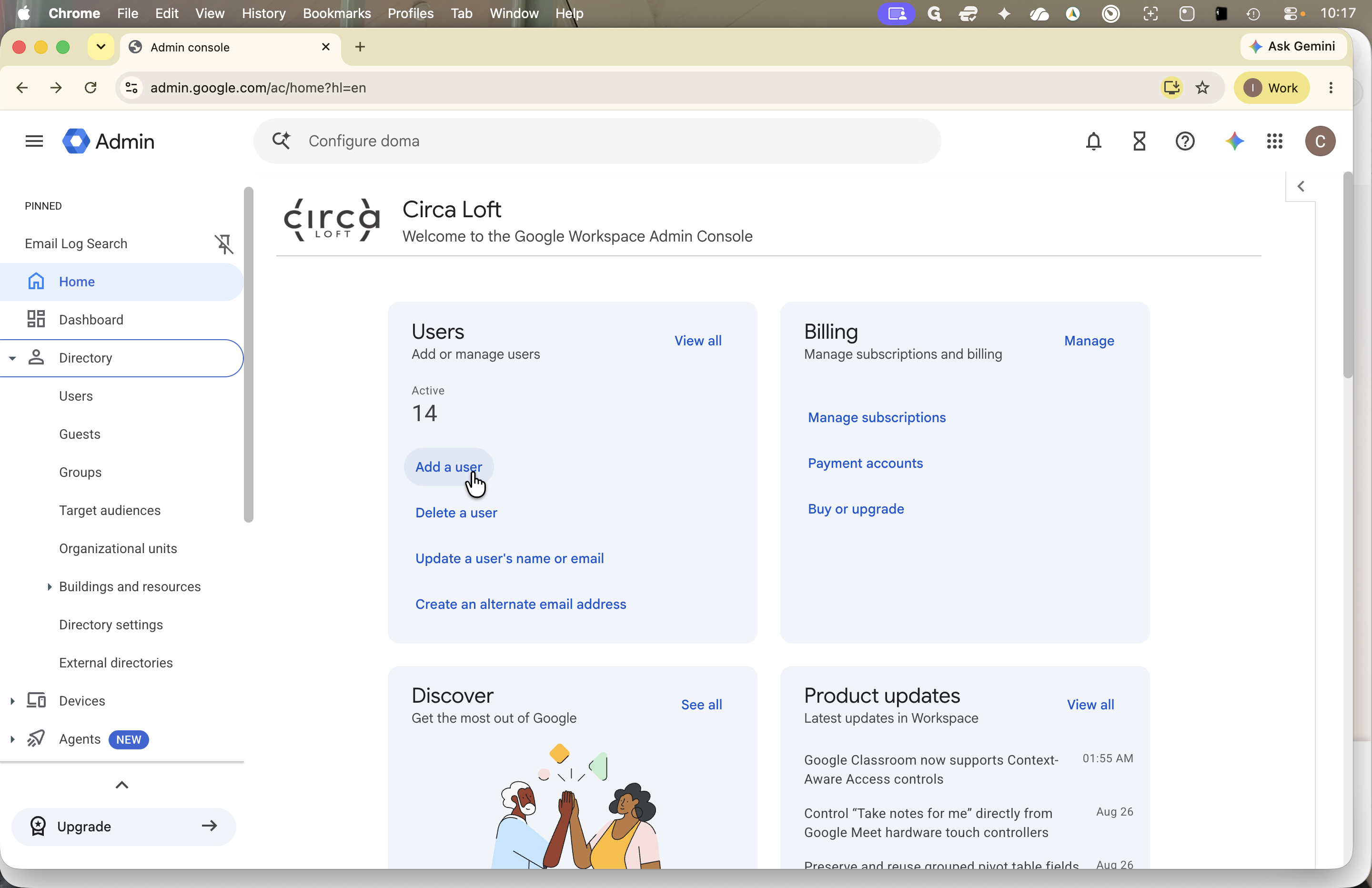 Step #1: Click Add a user on the Admin Console home screen.