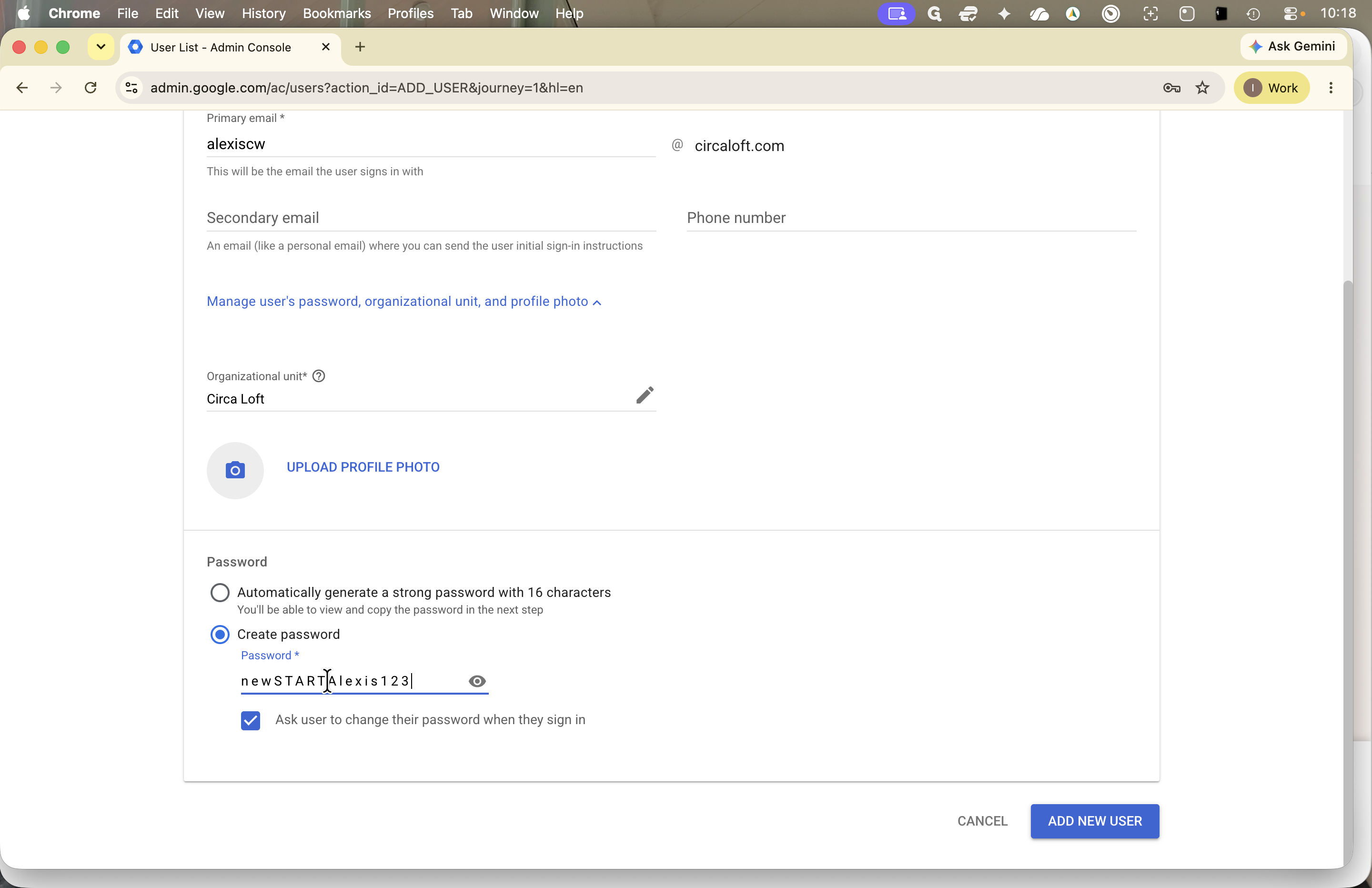 Step #6: Type a temporary password in the Password field using standard formatting (e.g., newSTART<Name>123).