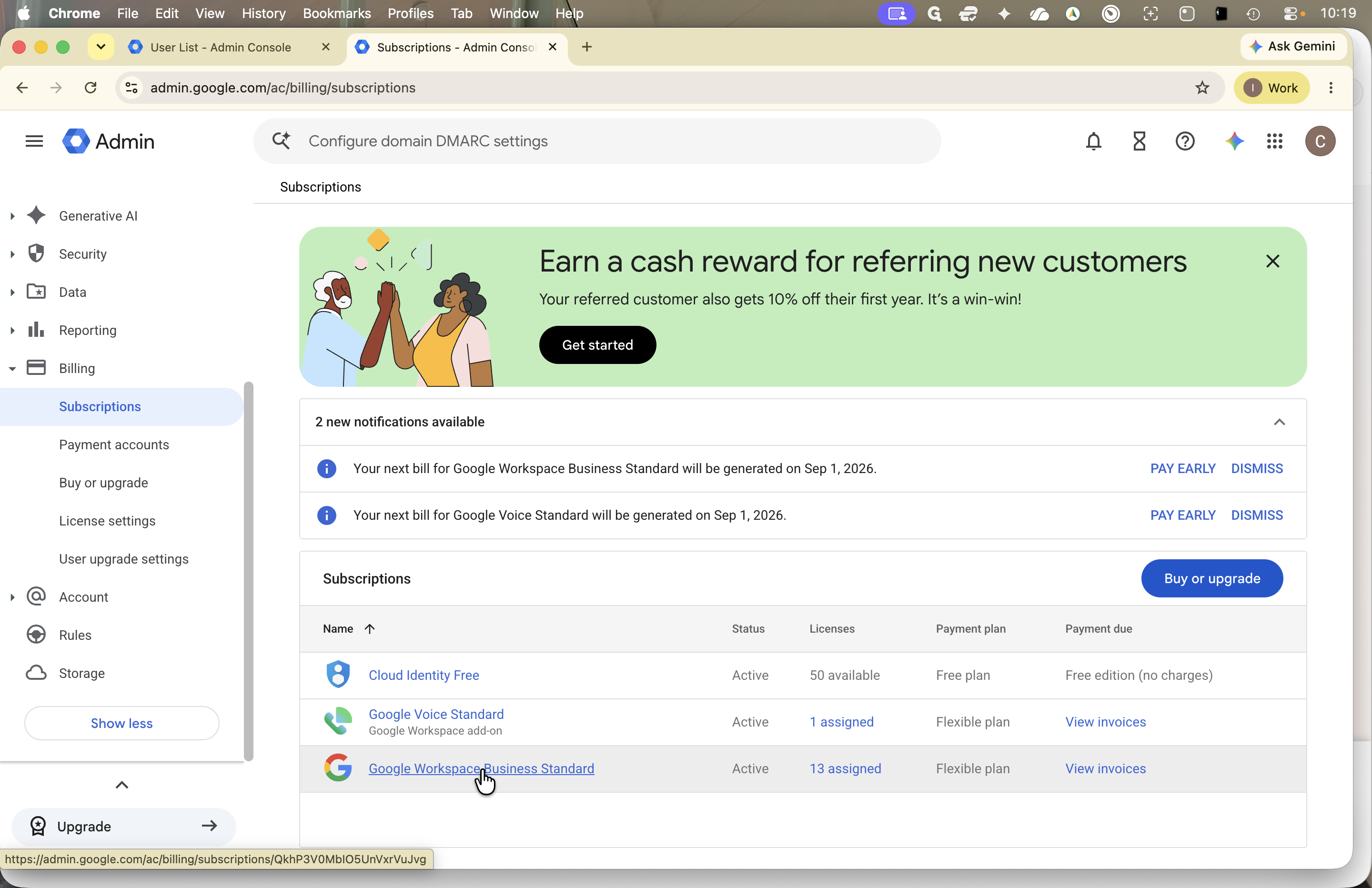 Step #10: Click Google Workspace Business Standard in the Subscriptions table.