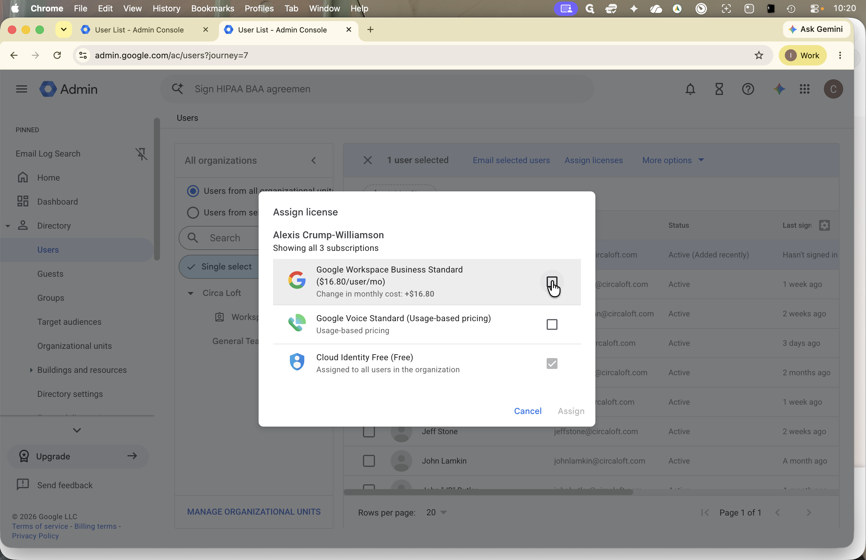 Step #14: Select the checkbox for Google Workspace Business Standard in the dialog, then click Assign.