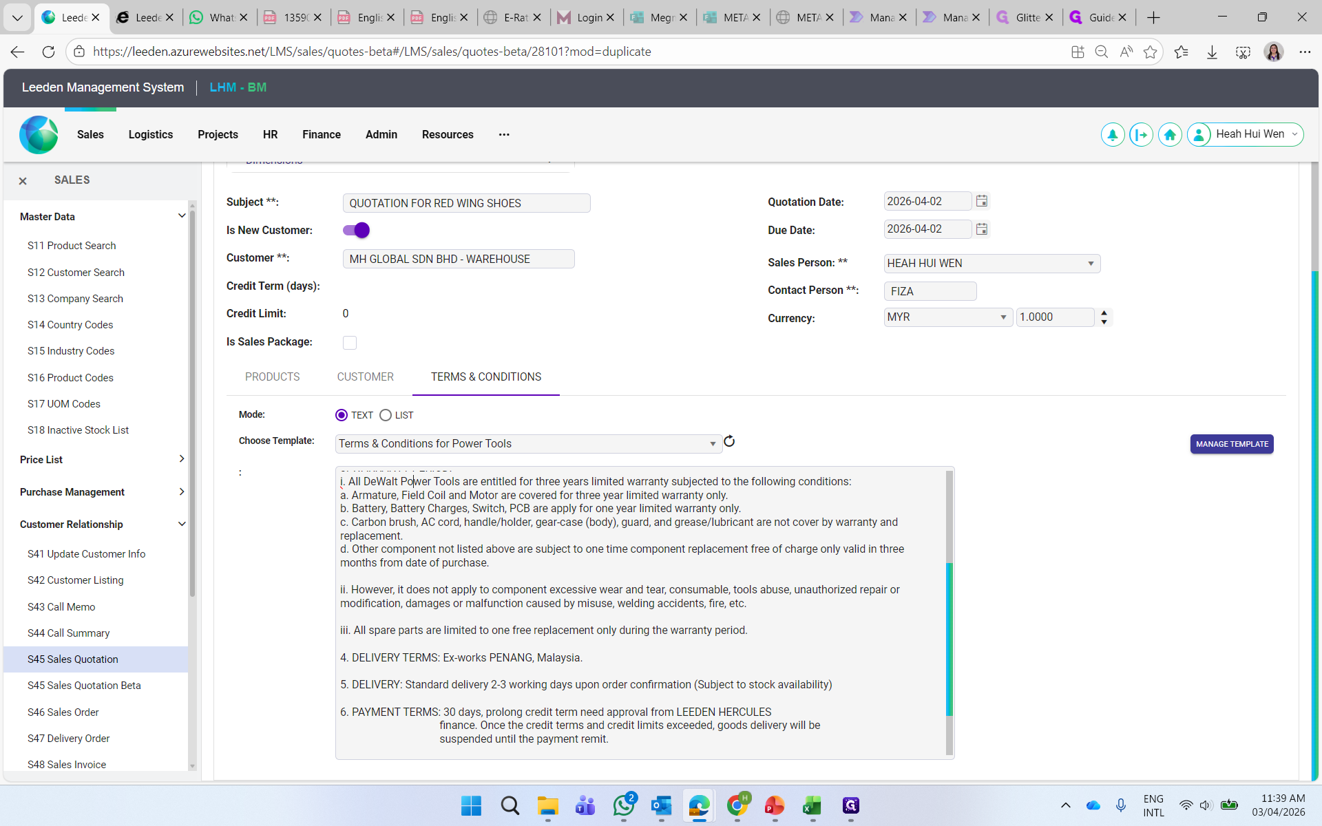 Step #14: You may amend the agreed delivery days and payment terms.