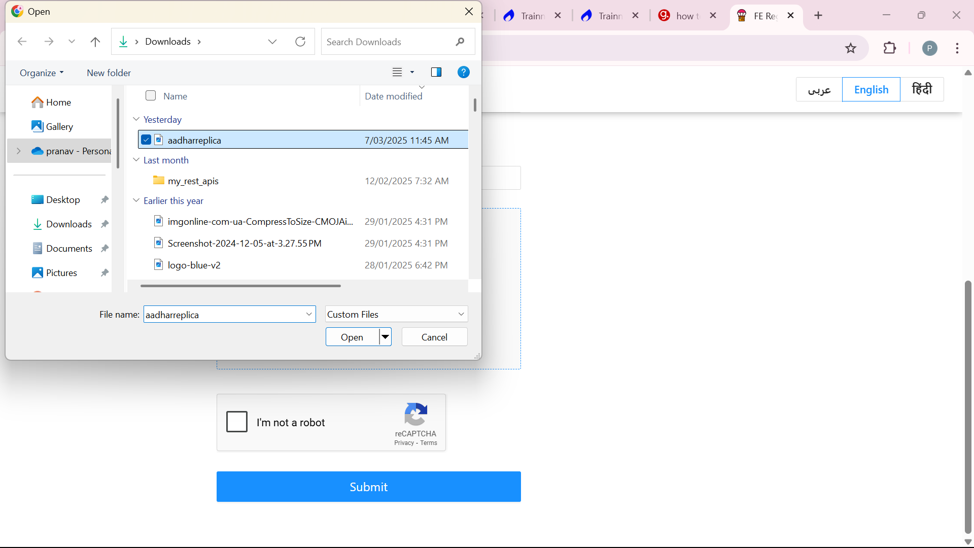 Step #19: Choose your aadhaar card photo. Here in the given picture the rider selected the "aadharreplica"file and uploaded successfully. Make sure aadhaar card is clear. If any errors contain it won't be uploaded