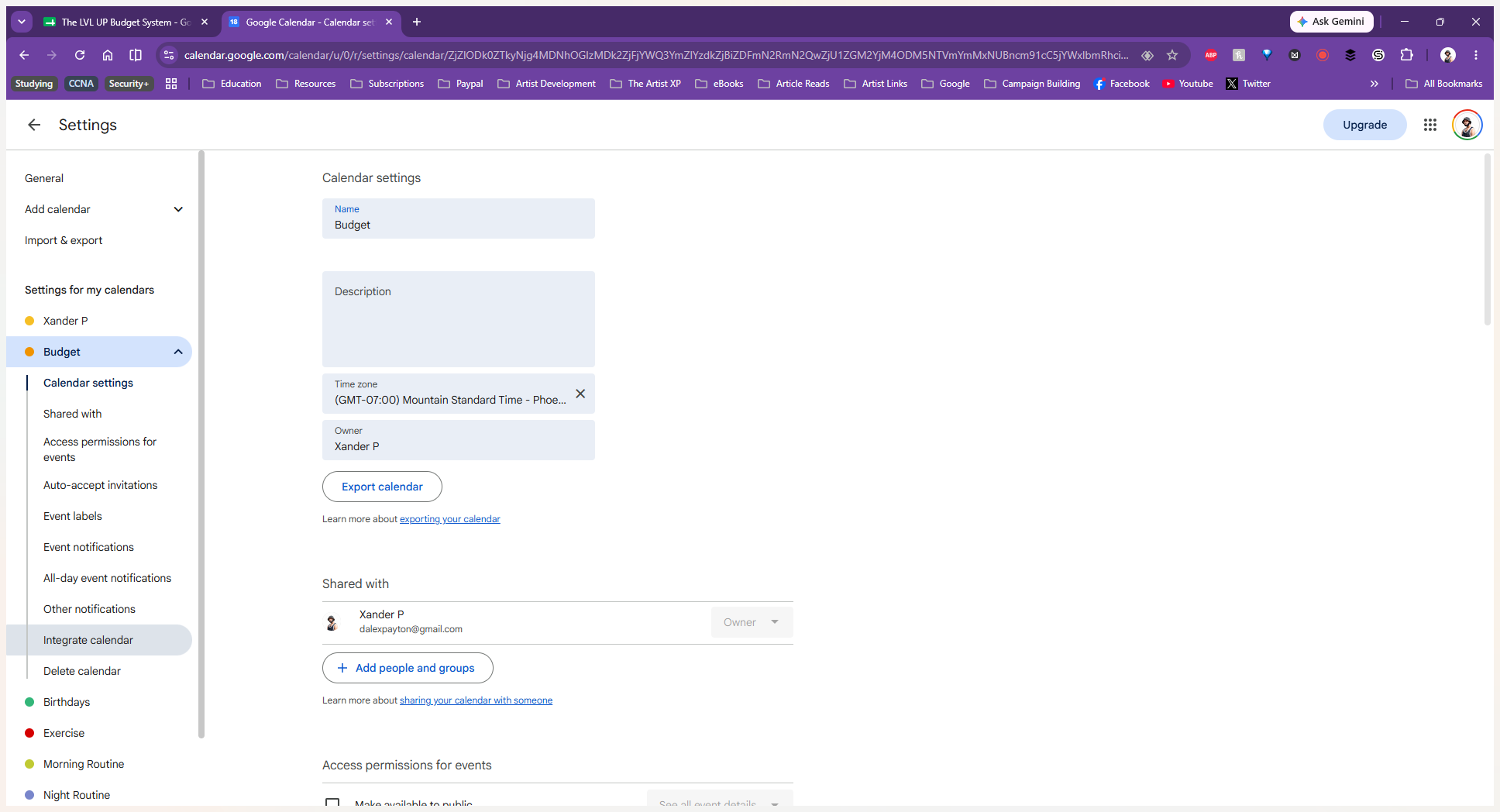Step #4: In the left-hand navigation menu under your new calendar's settings, click Integrate calendar.