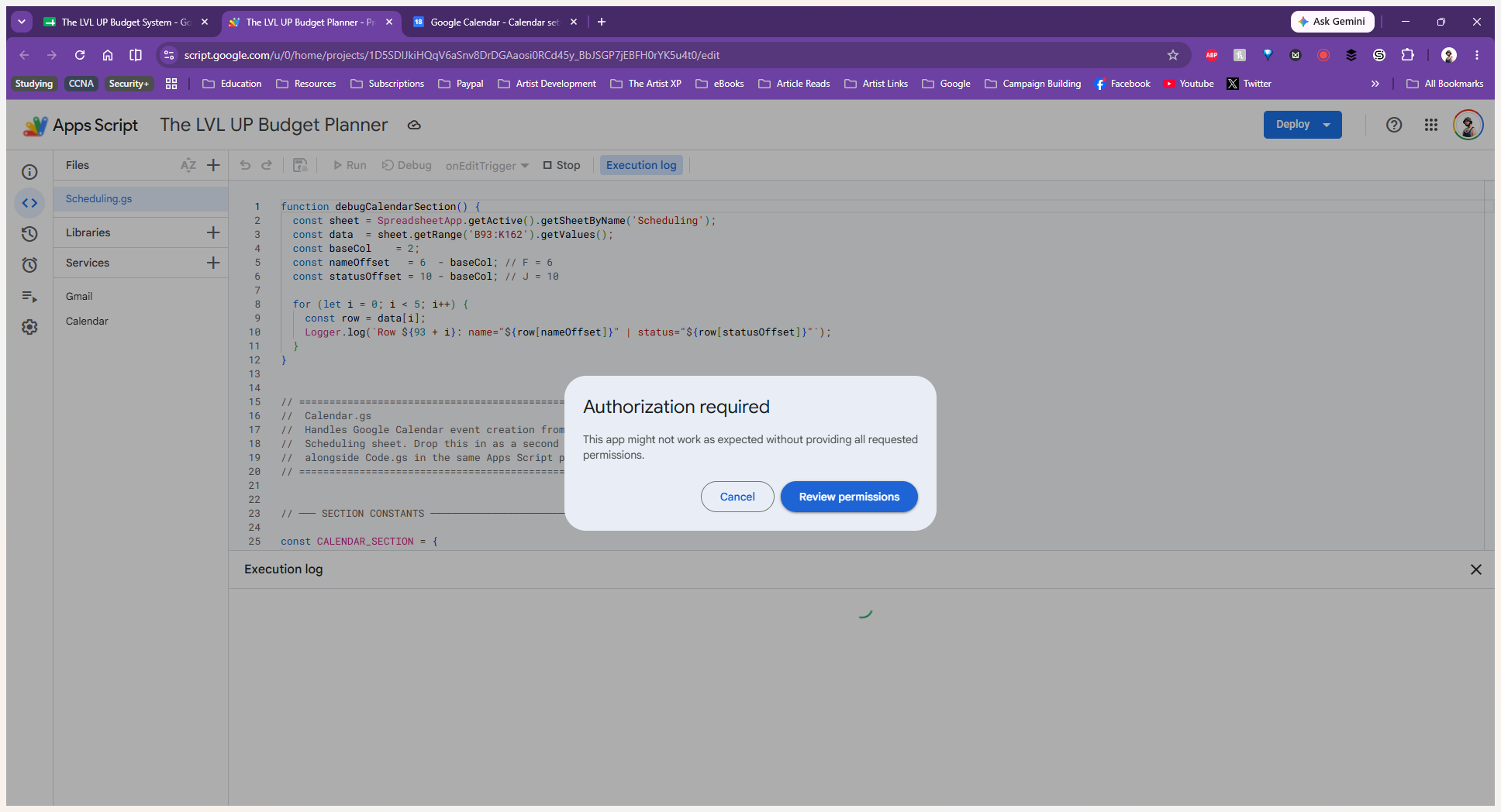Step #15: When the "Authorization Required" dialog box appears, click Review permissions and follow the prompts to grant the script access to your Google Calendar.