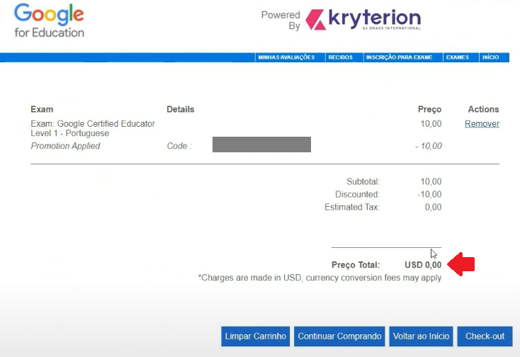 Step #23: Verifique se o desconto foi aplicado. O valor em Preço Total deve ser de USD 0,00