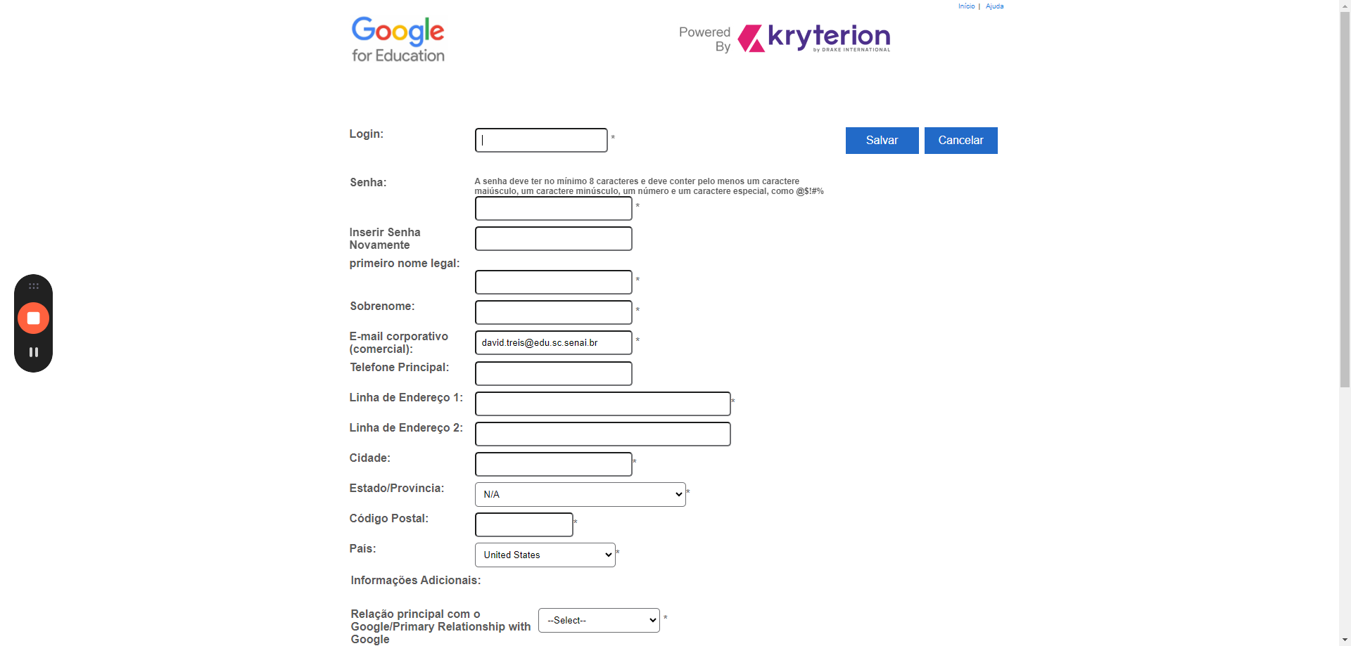 Step #7: Nesta etapa vamos realizar o cadastro na plataforma Kryterion, uma plataforma terceira utilizada pela Google para fazer os exames de certificação. Inicie informando no campo login, o seu e-mail corporativo (@sesisc.org.br ou @edu.sesisc.org.br)