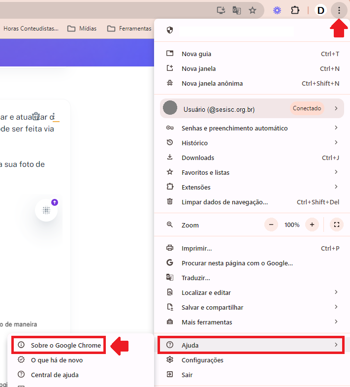 Step #30: Para atualizar o Chrome clique nos três pontinhos que ficam no lado direito superior, ao lado da sua foto do perfil do usuário, para acessar o menu do Google Chrome. Clique em Ajuda e depois em Sobre o Google Chrome.