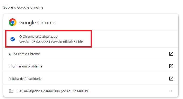 Step #31: Caso o seu navegador não esteja atualizado, como aparece na imagem, ele irá realizar o processo de atualização. Ao final ele pode solicitar que seja reiniciado o navegador. Esse processo fecha o aplicativo e abre ele novamente.IMPORTANTE!!!Não faça esse processo durante a prova, pois o fechamento do navegador fará você perder a oportunidade de realizar ela novamente. Esse procedimento deve ser feito antes de iniciar a prova de certificação.