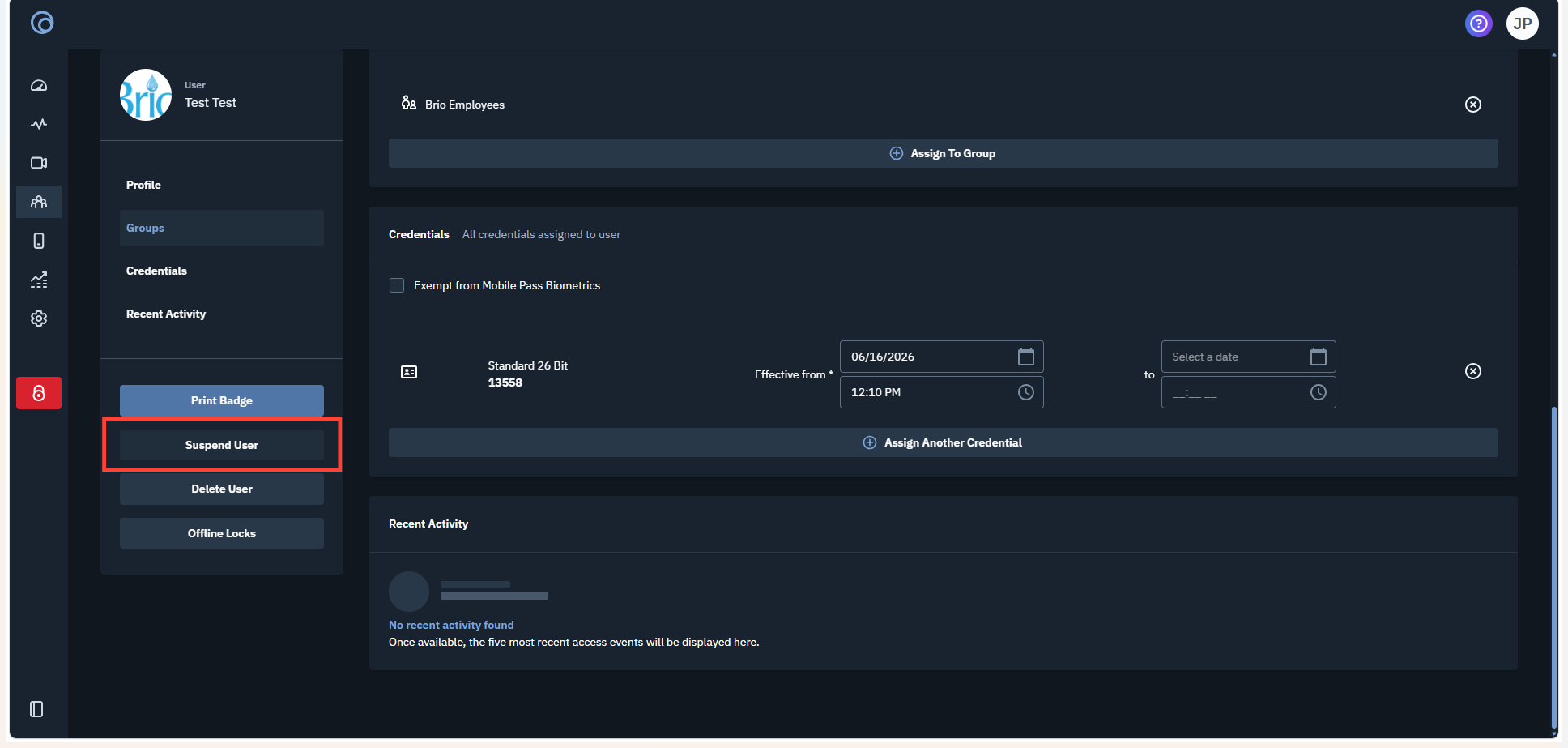 Step #4: Click Suspend User in the left sidebar menu.