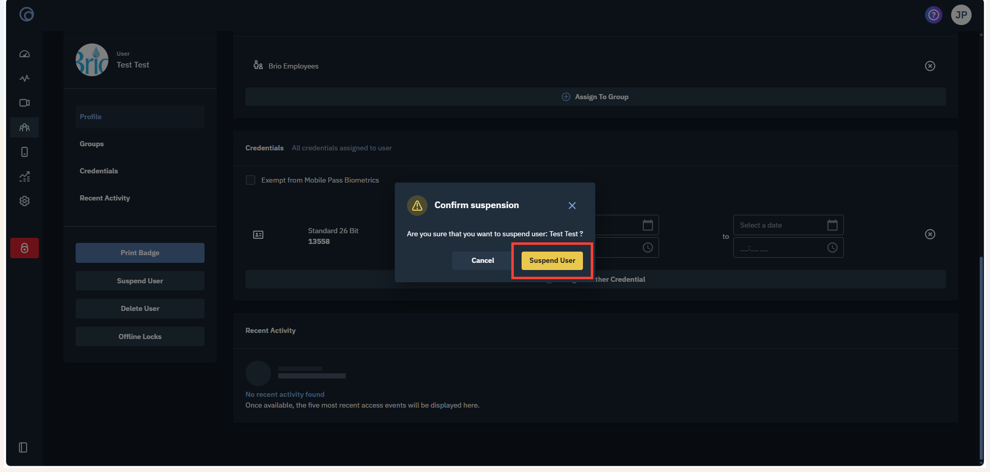 Step #5: Click Suspend User in the confirmation window to finalize the suspension.