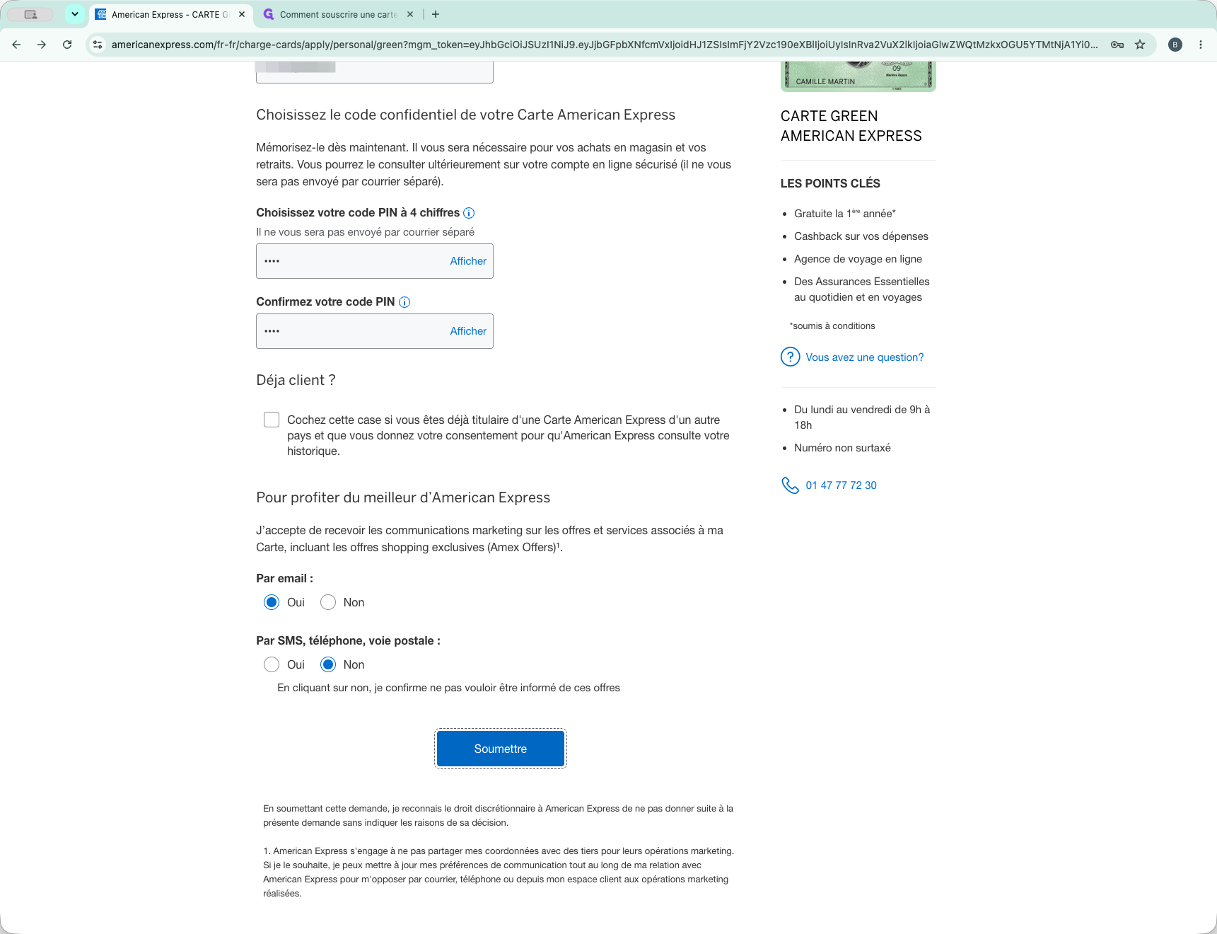 Step #16: Indiquez si vous êtes déjà client d'American Express et vos préférences de communication puis cliquez sur Soumettre.