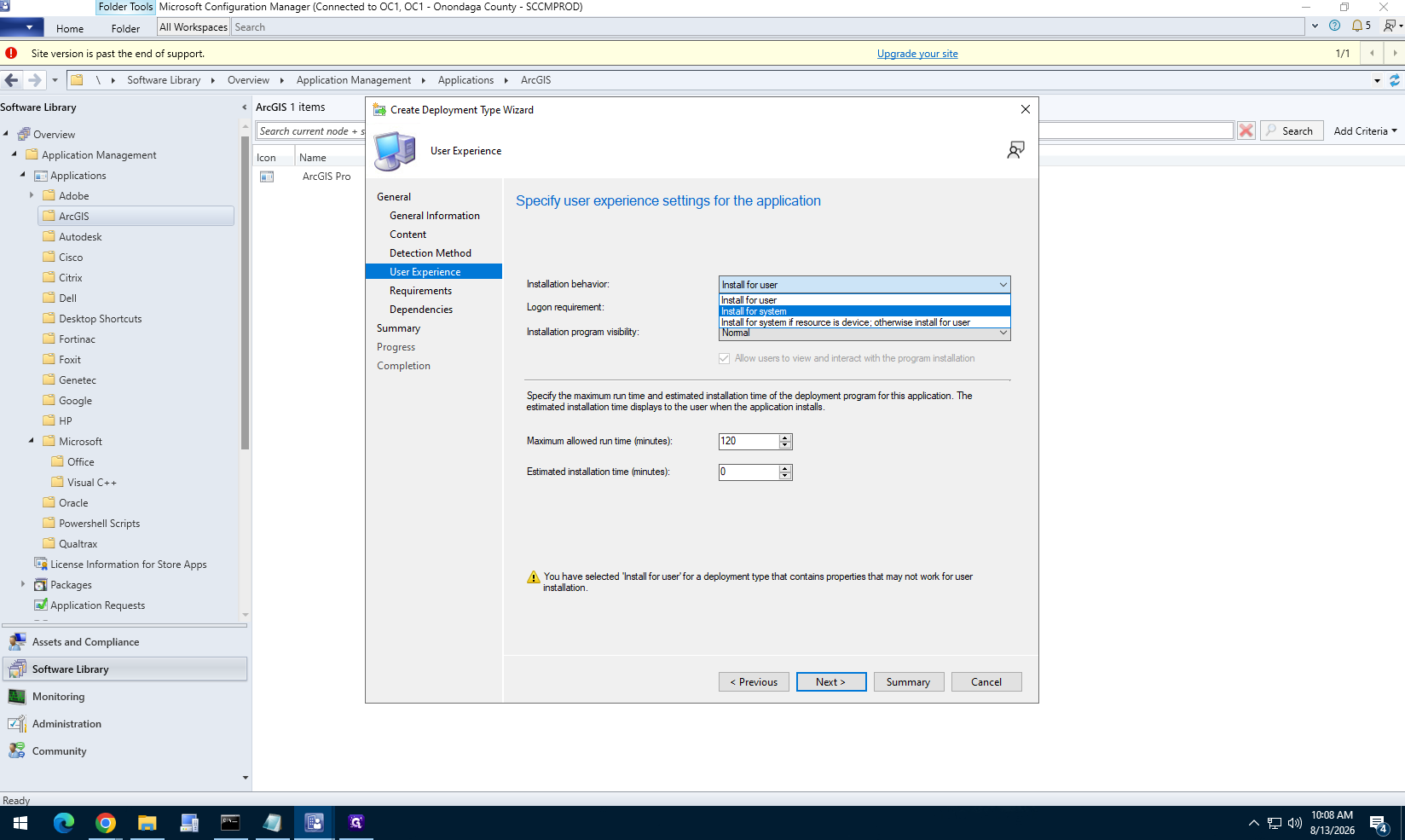 Step #26: On the User Experience tab, set the logon requirement to Install for system and the visibility to Hidden.