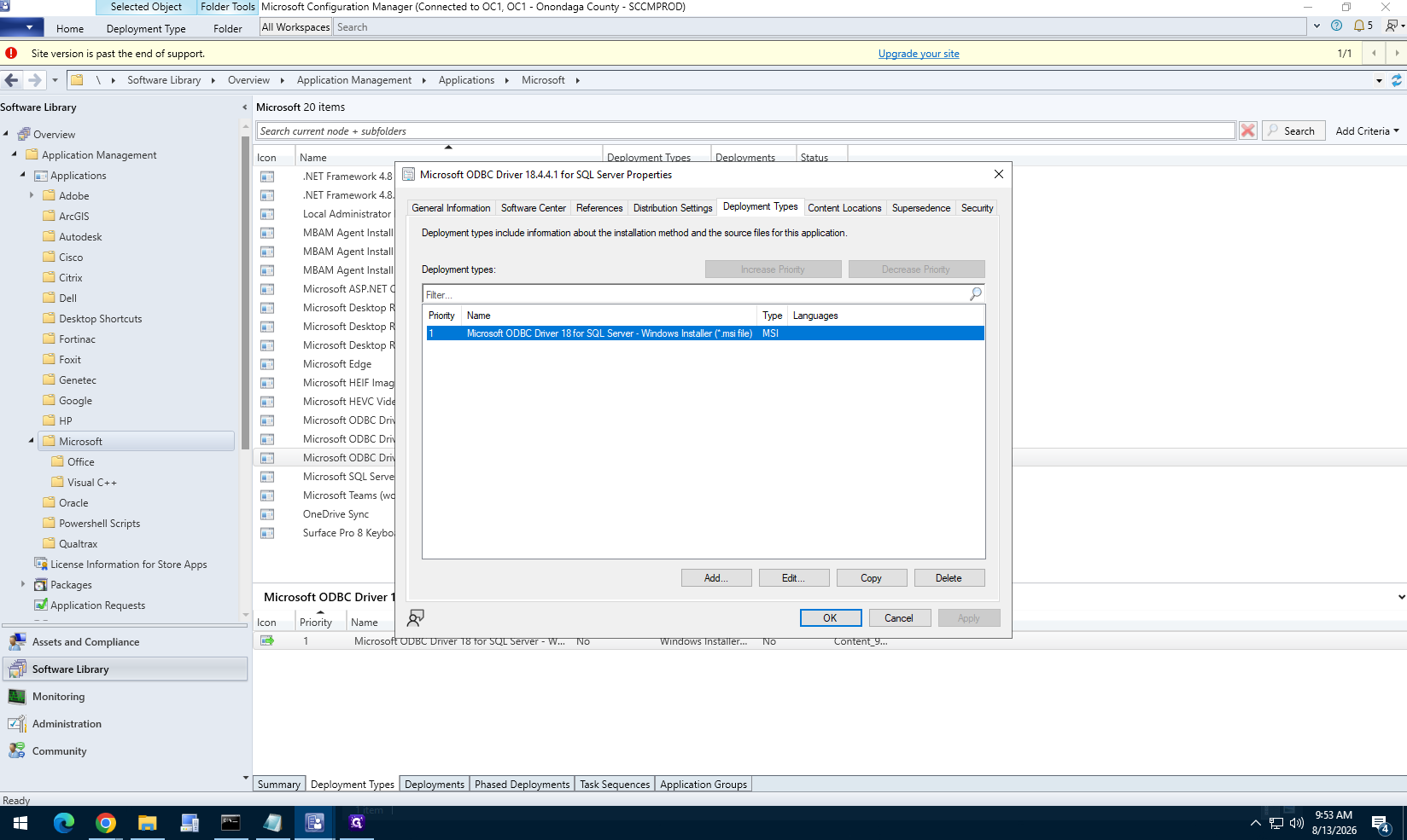 Step #8: Open the properties for the new ODBC 18 application, go to the Deployment Types tab, and double-click the MSI deployment type.