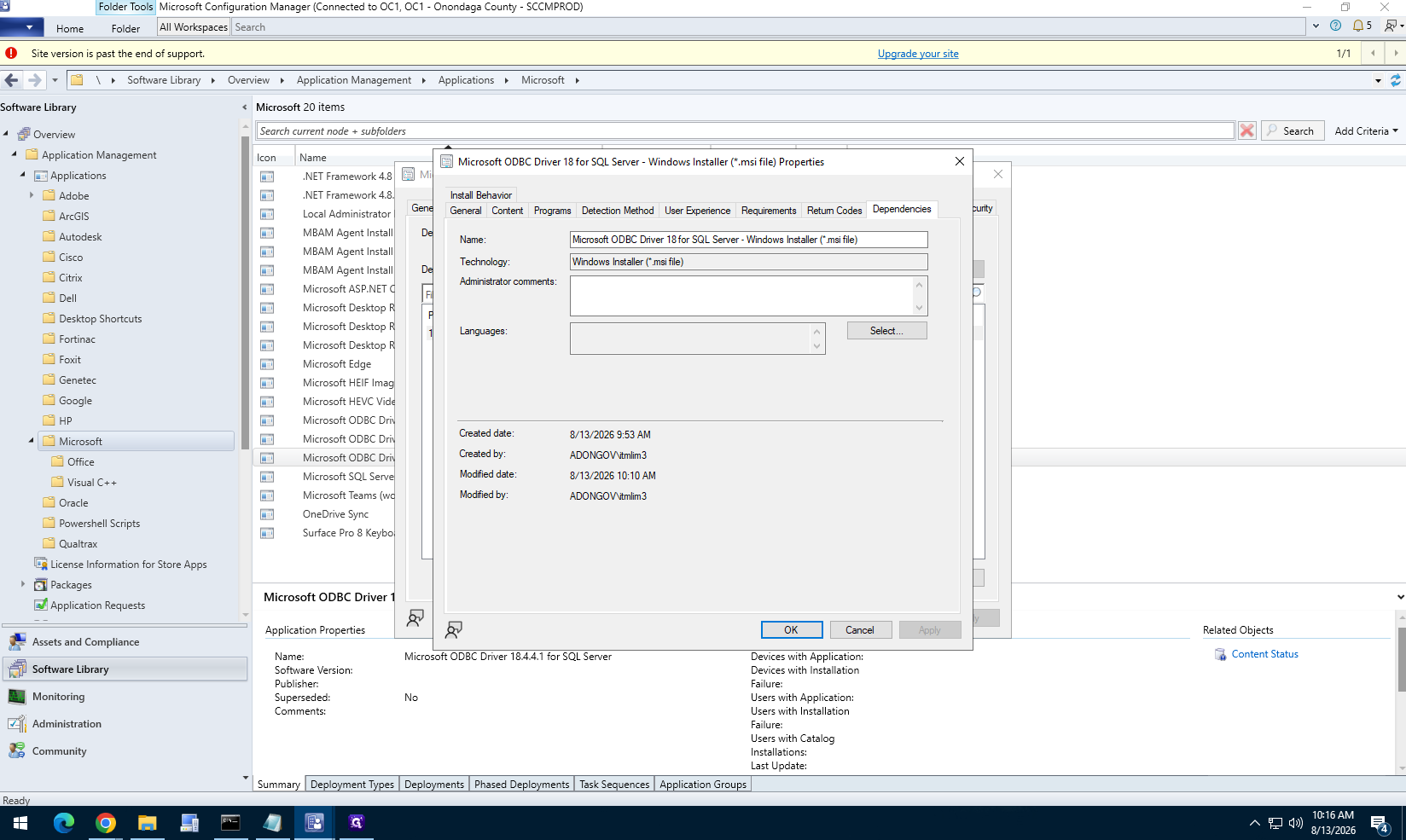 Step #35: Repeat the process on the Microsoft ODBC Driver 18 deployment type properties to add Microsoft ODBC Driver 17 as a dependency.