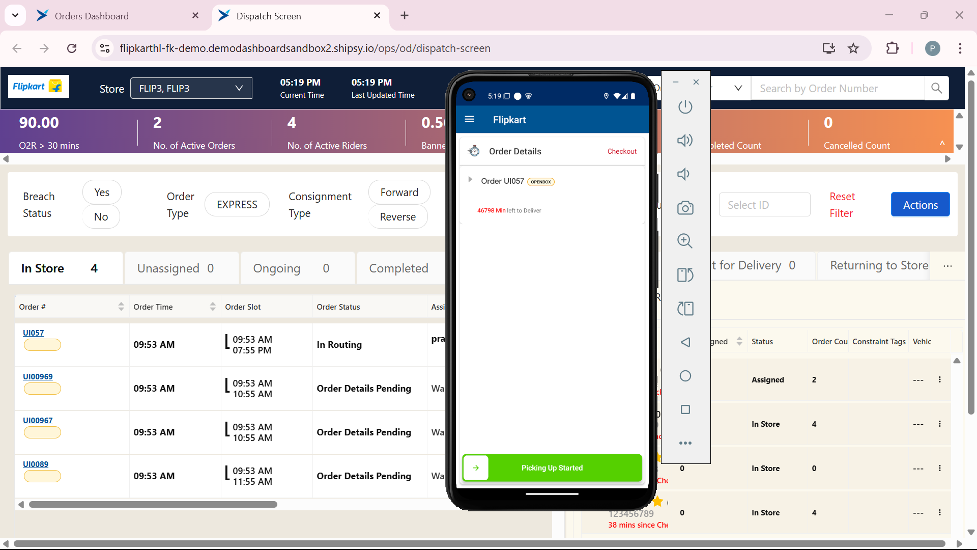 Step #6: After Accepting the order Picking Up Started screen appears with order details Slide the arrow to right on Picking Up Started. You can see the order type If it is OBD then it shows OPENBOX with order id.