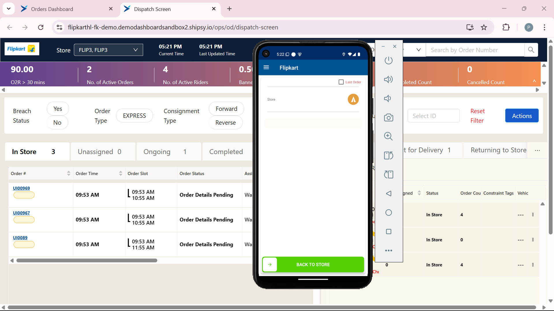 Step #33: Slide the arrow to right on BACK TO STORE. after completing the delivery. Then normal orders page will appears on the mobile screen.