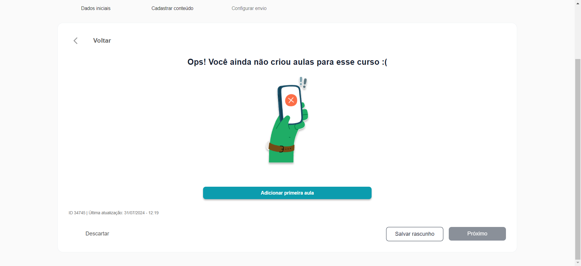 Step #11: Cliquem em 'Adicionar primeira aula'