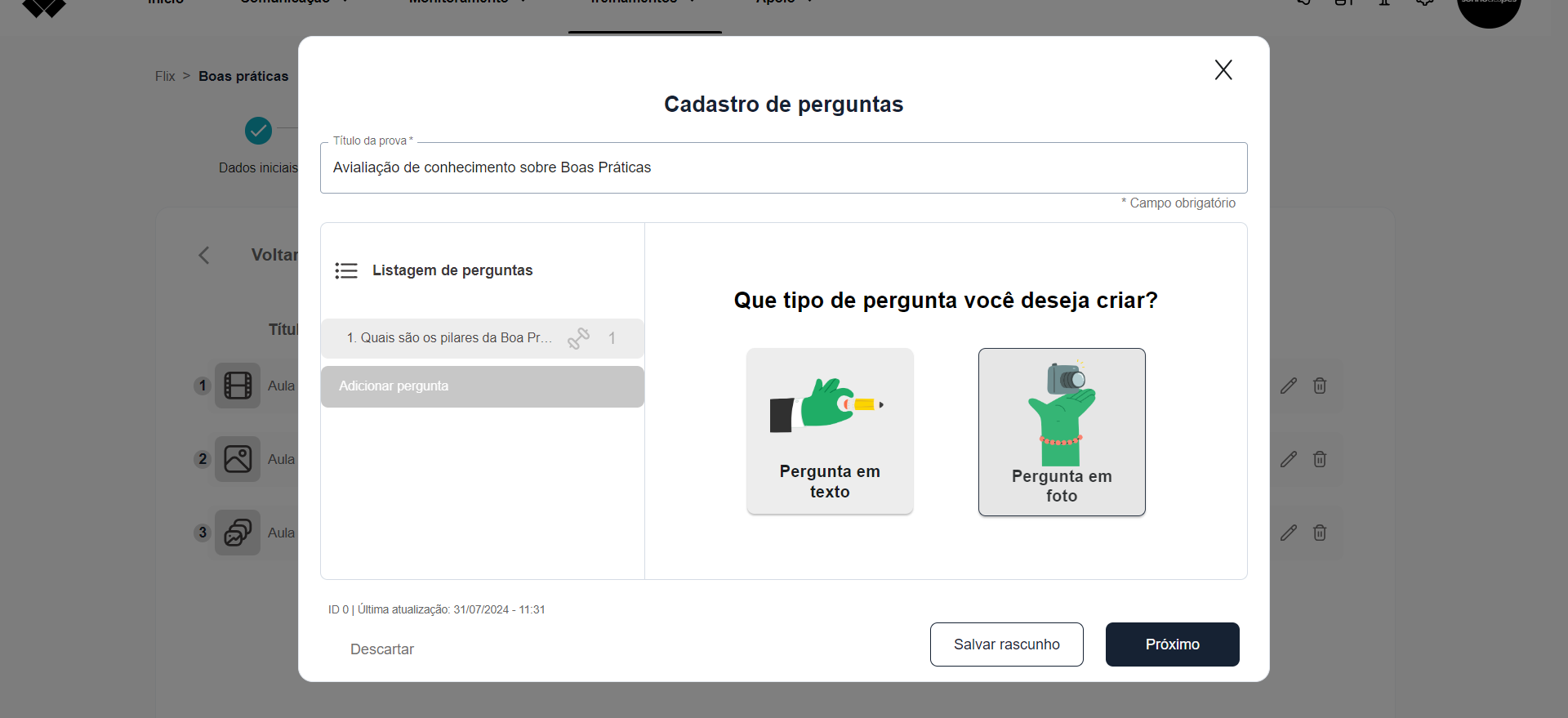 Step #26: Perguntas com imagens. Clique em 'Pergunta em foto': 