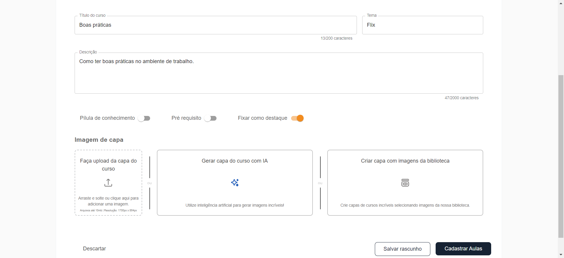 Step #9: Temos três opções para imagem de capa, seleciona a que faz mais sentido para vocês.