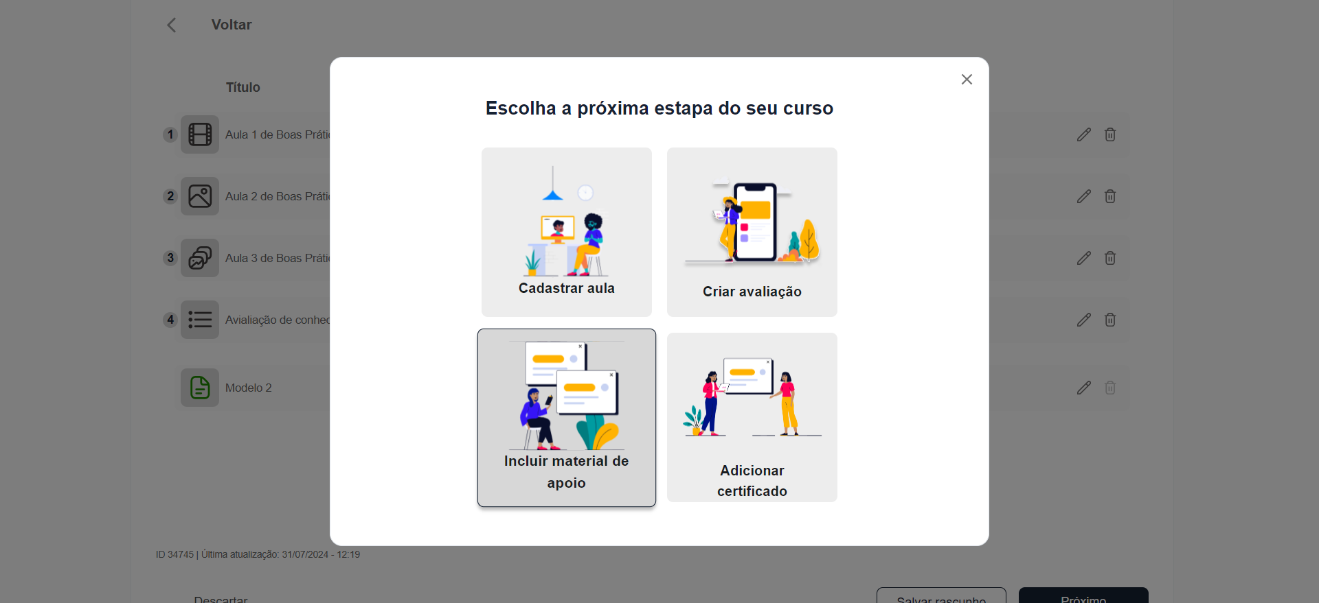 Step #36: Para adicionar material de apoio clique em 'Incluir material de apoio'