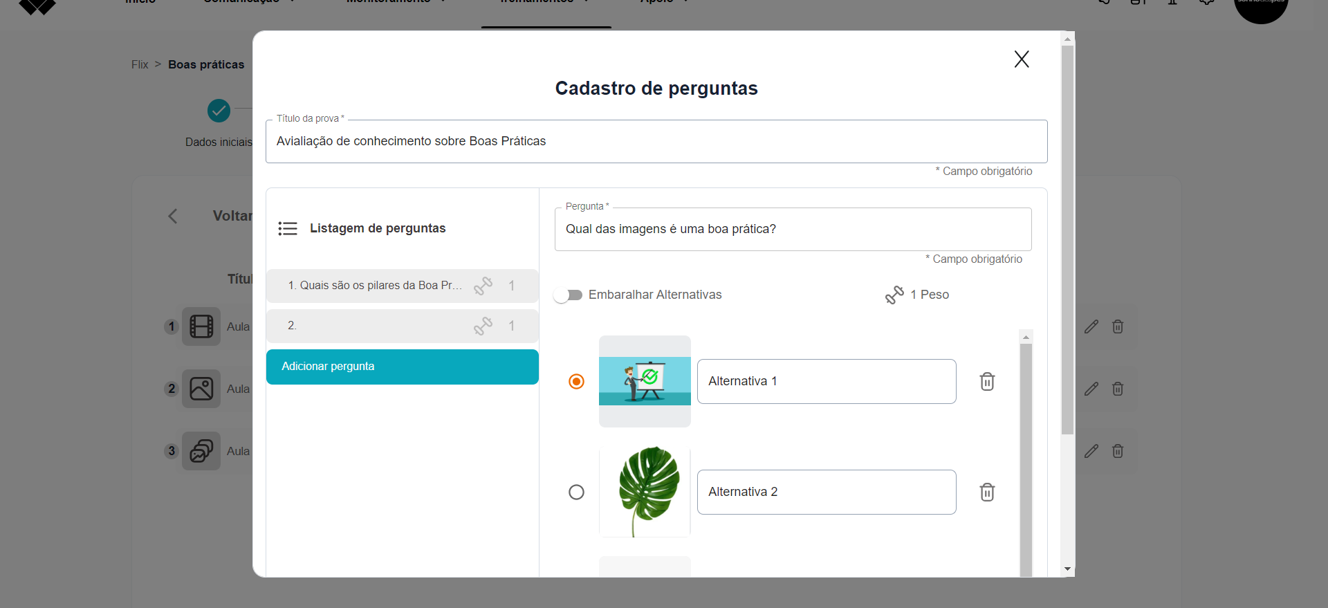 Step #29: Faça os ajustes de 'Embaralhar alternativas', selecionar a alternativa correta e o 'Peso da pergunta'
