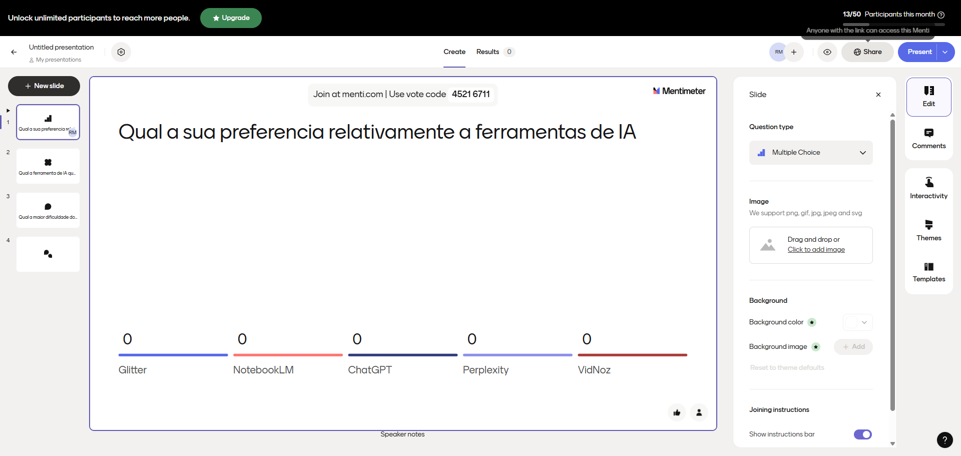 Step #16: Se preferirmos, podemos enviar a apresentação via link, usando a opção "Share"