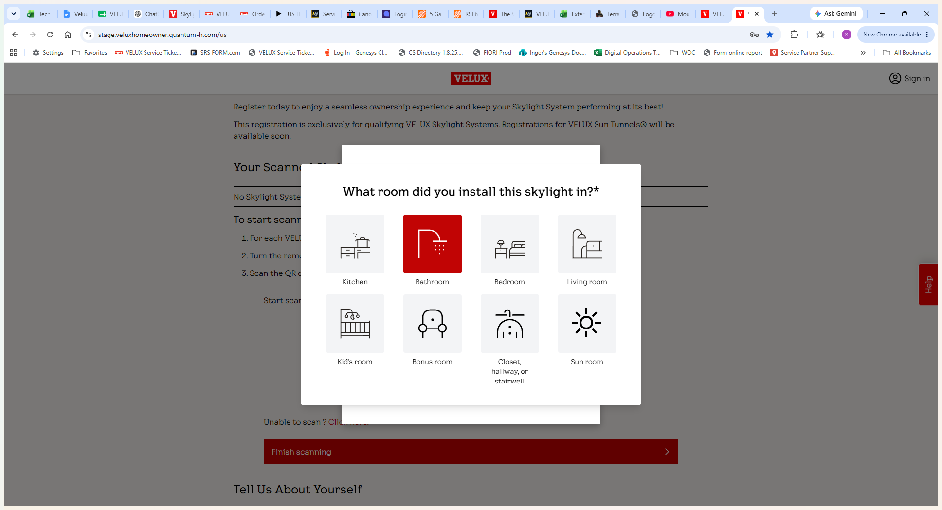 Step #4: Select the room where the skylight is installed (e.g., Bathroom) from the icon grid.