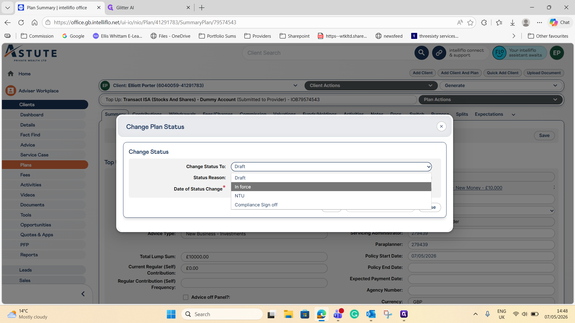 Step #13: Select In force from the new status dropdown options.