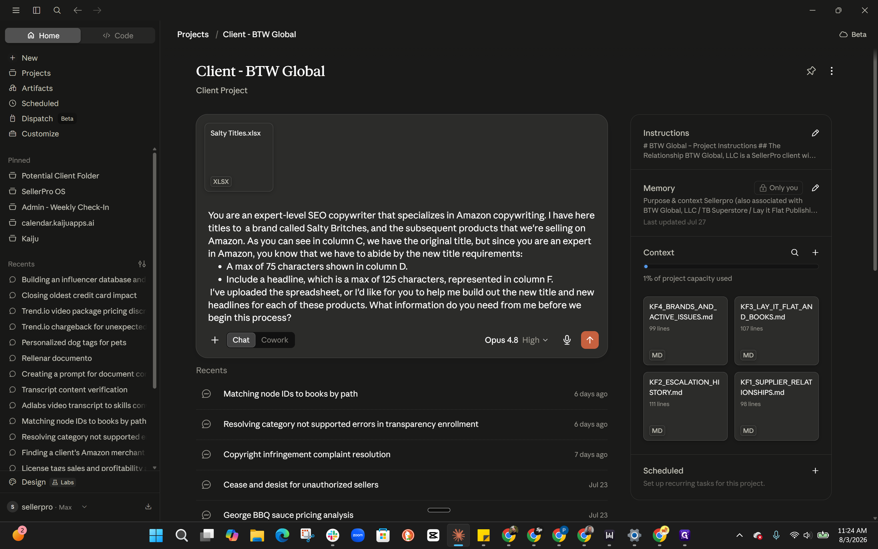 Step #1: Select the chat input to answer the AI's clarifying questions regarding formatting and keyword preferences.