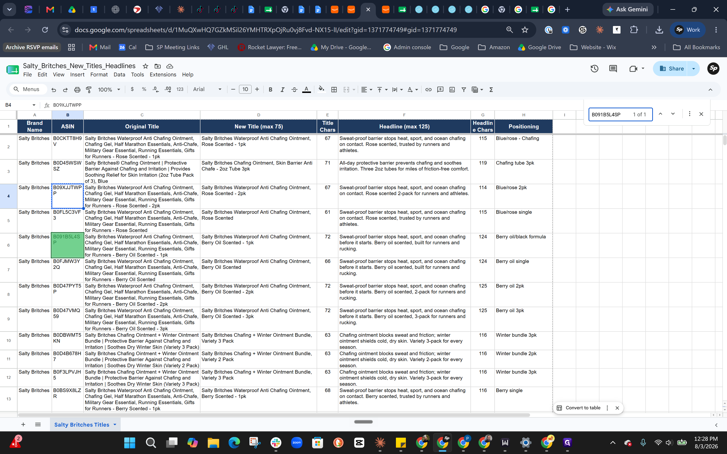 Step #7: Review the final generated titles and headlines in your spreadsheet to ensure they meet character limits and accurately reflect the brand's benefits.