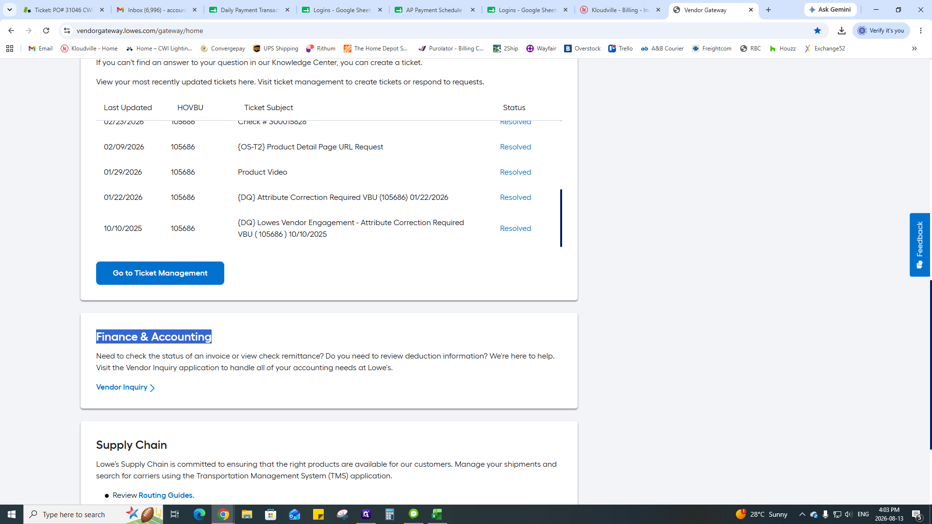 Step #5: Log in to the Lowe's US portal (Vendor Gateway), and double-click Finance & Accounting.