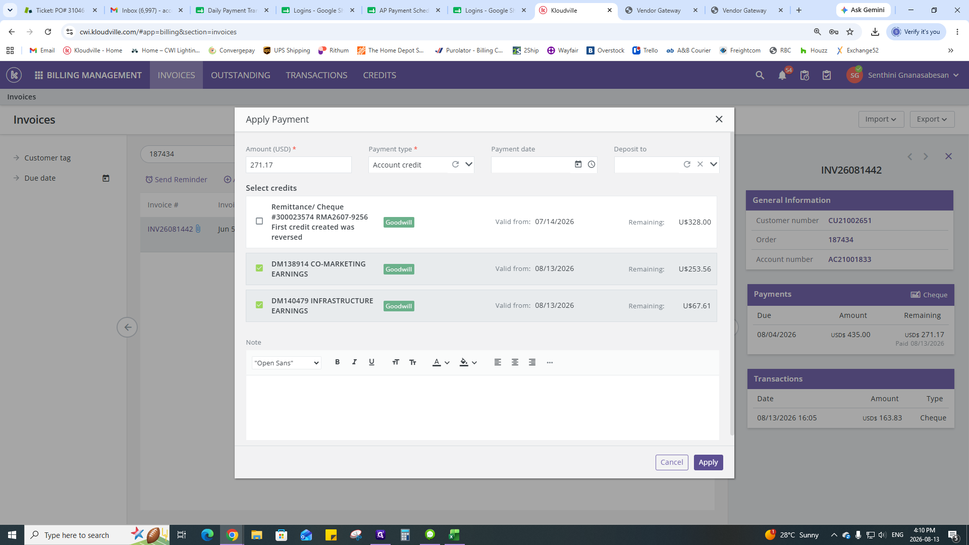 Step #27: Select the relevant credits you created and click Apply to clear the remaining balance.