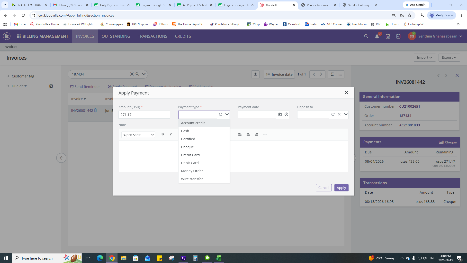 Step #26: Set the Payment type to Account credit.