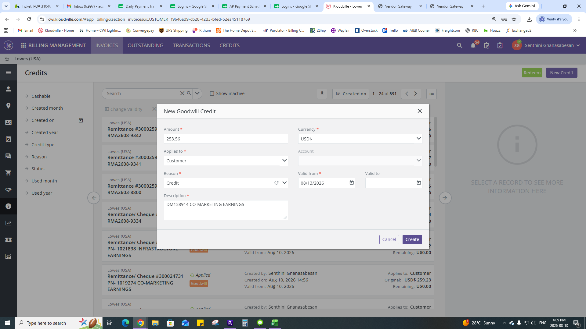 Step #22: Select the currency and click Create. Repeat this process to create separate credits for each deduction on the remittance.