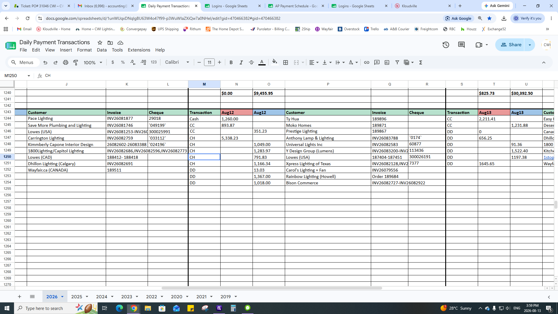 Step #1: Enter the check details, including date, amount, customer name, and associated orders, in the Daily Payment Transactions spreadsheet.