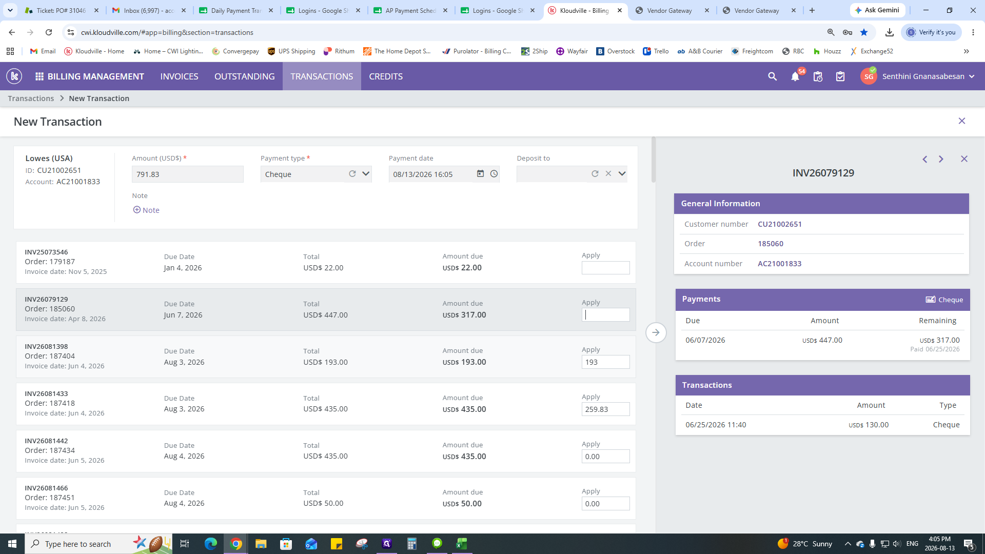 Step #15: Enter the exact check amount received. Kloudville automatically distributes amounts to open invoices, so you must clear these default values.