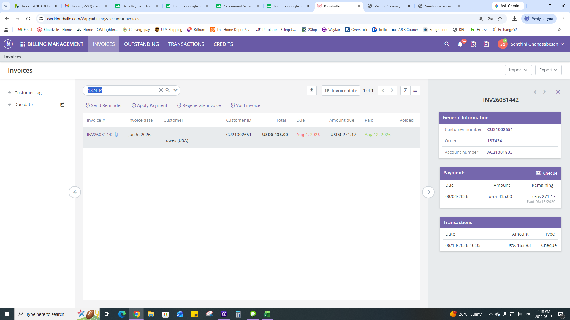 Step #24: Search for and double-click the partially paid invoice.