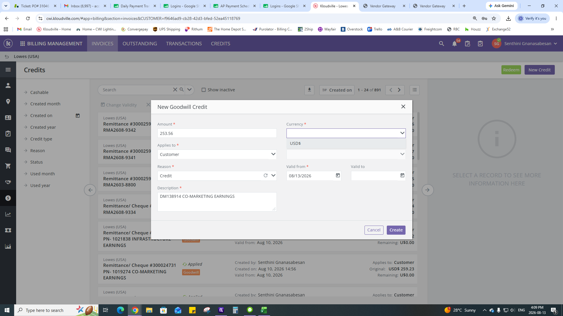 Step #21: Enter the deduction ID and reason (e.g., Co-Marketing Earnings) retrieved from the Lowe's portal into the description field.